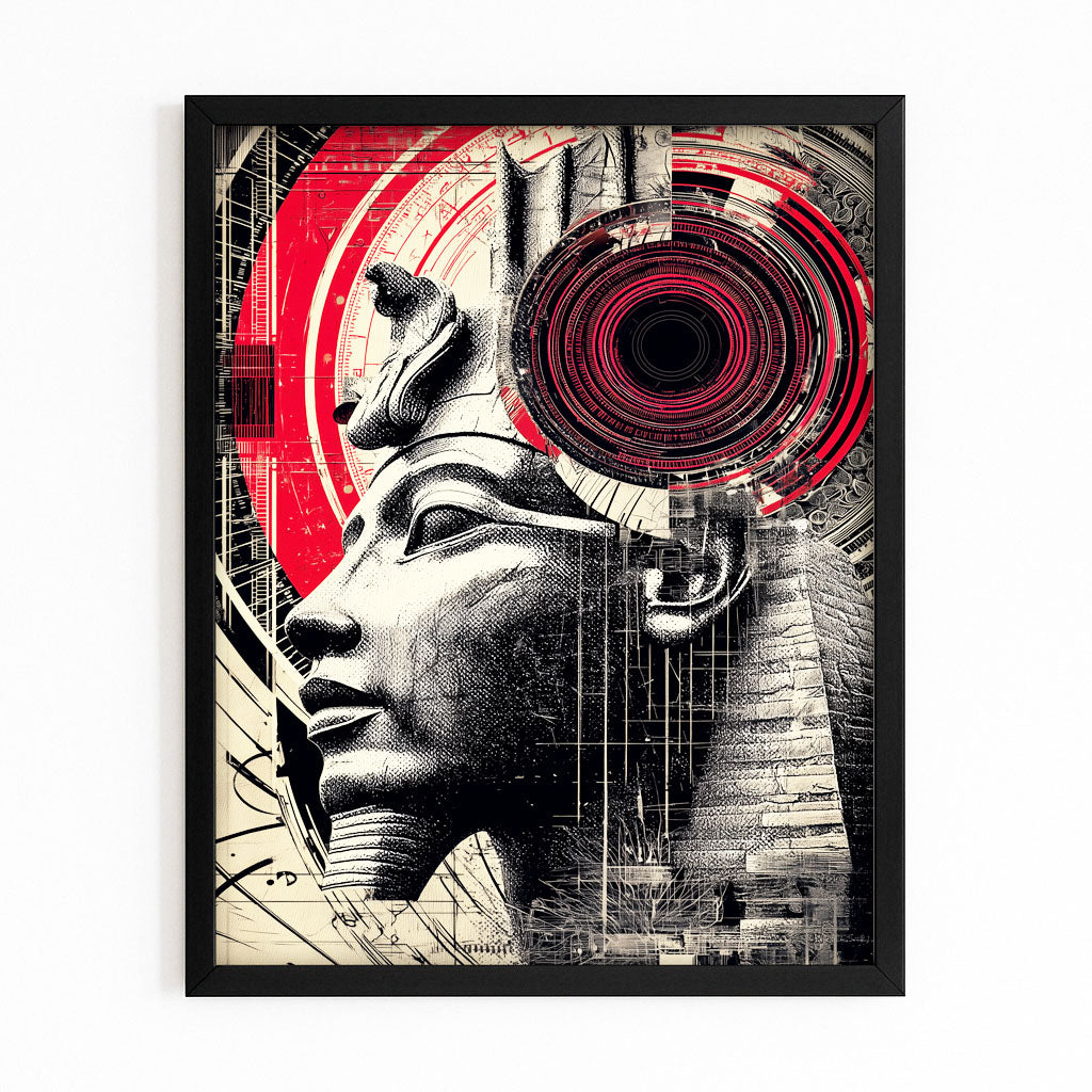 Crimson Pharaoh Profile Egyptian Art – with Premium Black frame on white background