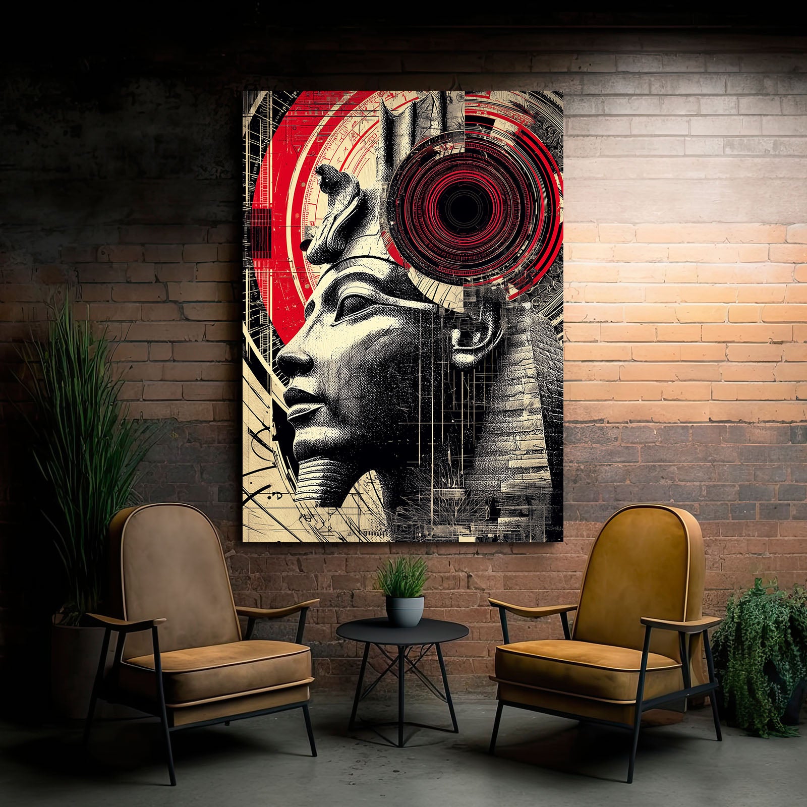 Crimson Pharaoh Profile Egyptian Art – styled in a furnished interior