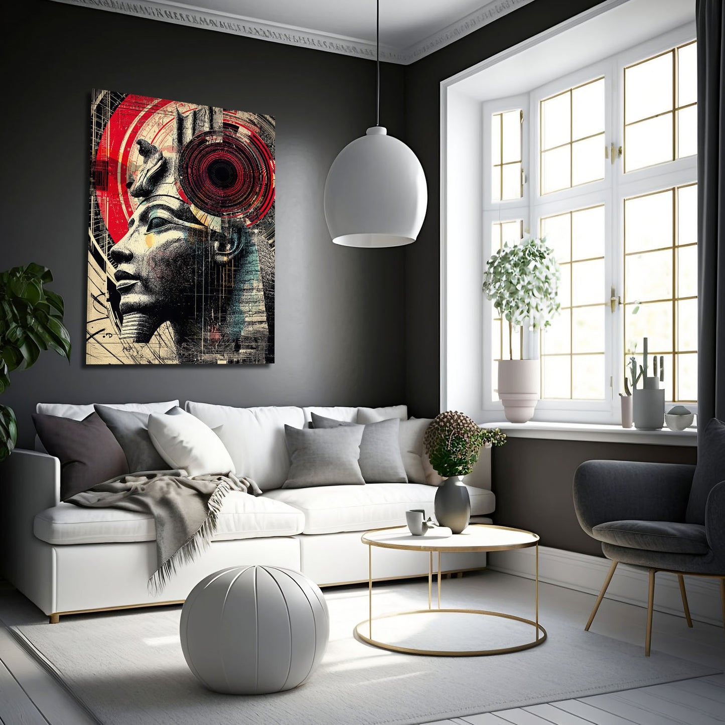 Crimson Pharaoh Profile Egyptian Art – styled in a furnished interior