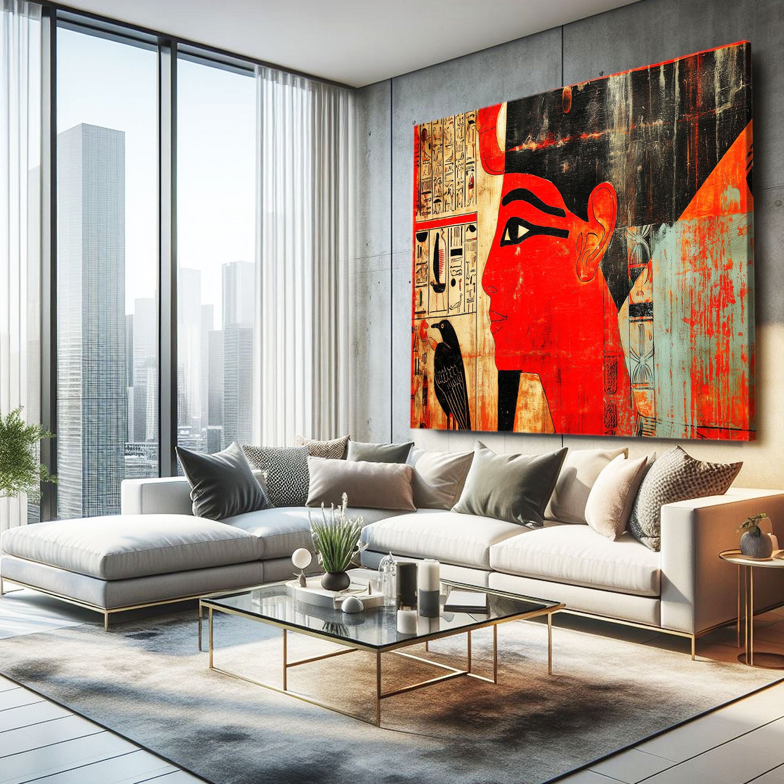 Crimson Profile Portrait Egyptian Wall Art – styled in a furnished interior