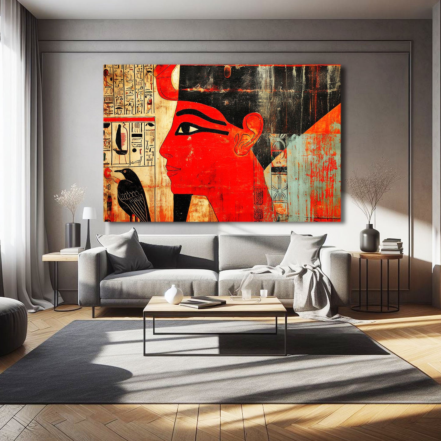 Crimson Profile Portrait Egyptian Wall Art – styled in a furnished interior
