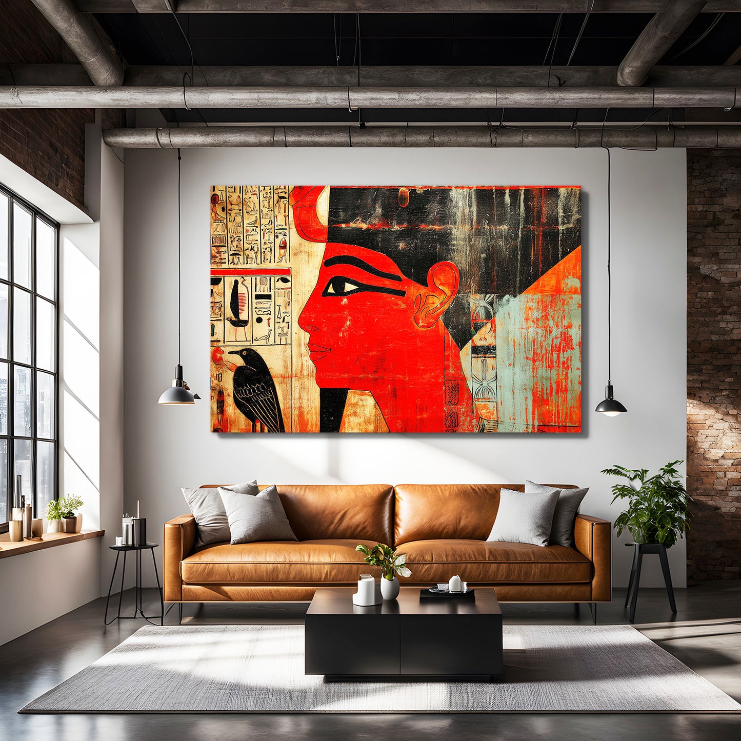 Crimson Profile Portrait Egyptian Wall Art – styled in a furnished interior