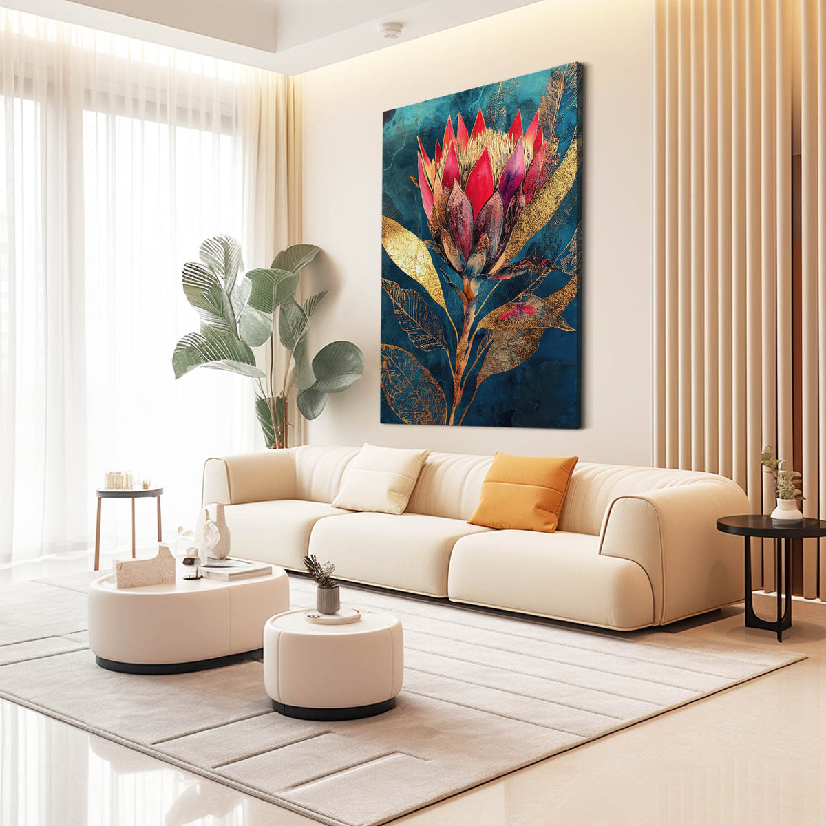 Crimson Protea Gold Flower Canvas Art — contemporary canvas print, styled in a furnished interior
