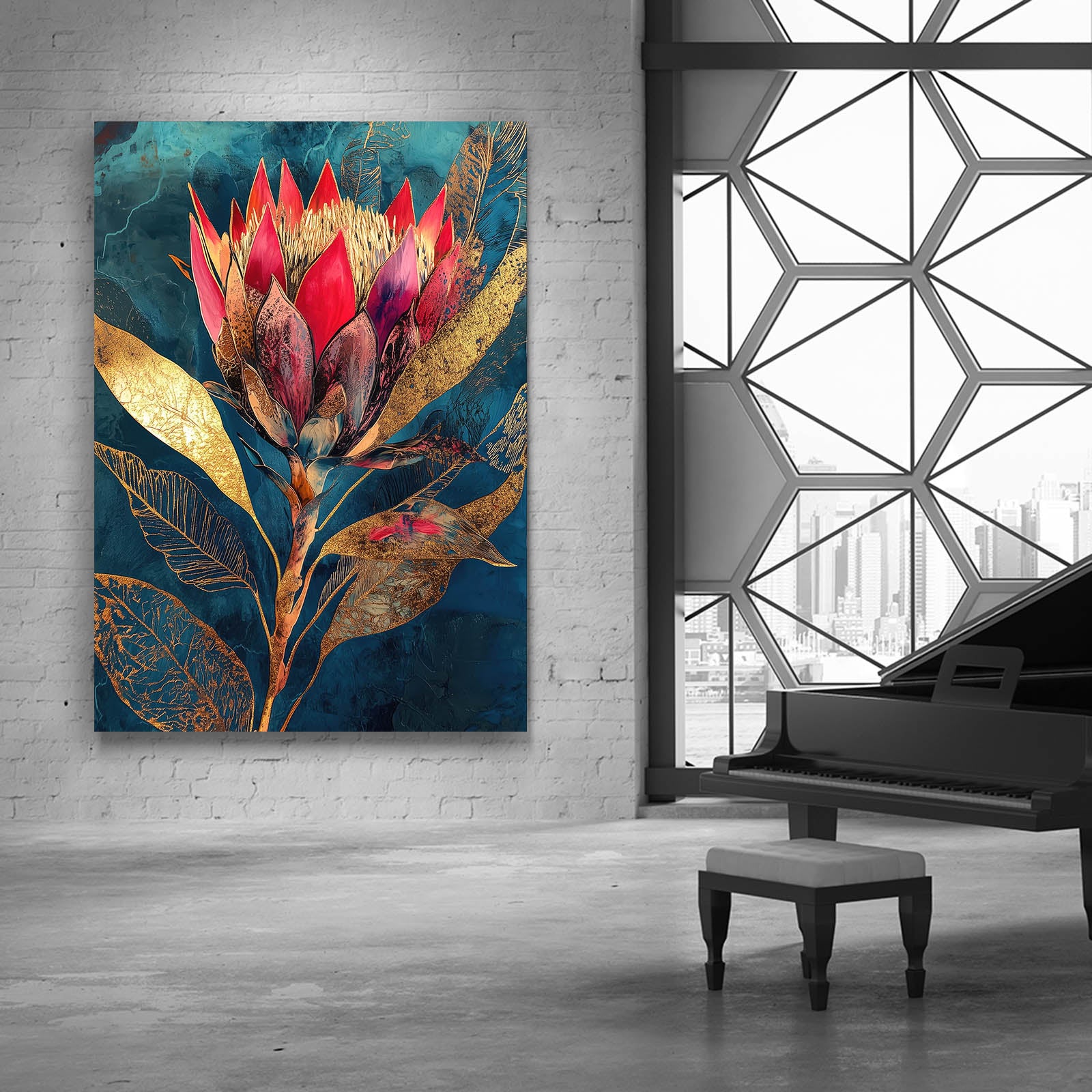 Crimson Protea Gold Flower Canvas Art — contemporary canvas print, styled in a furnished interior