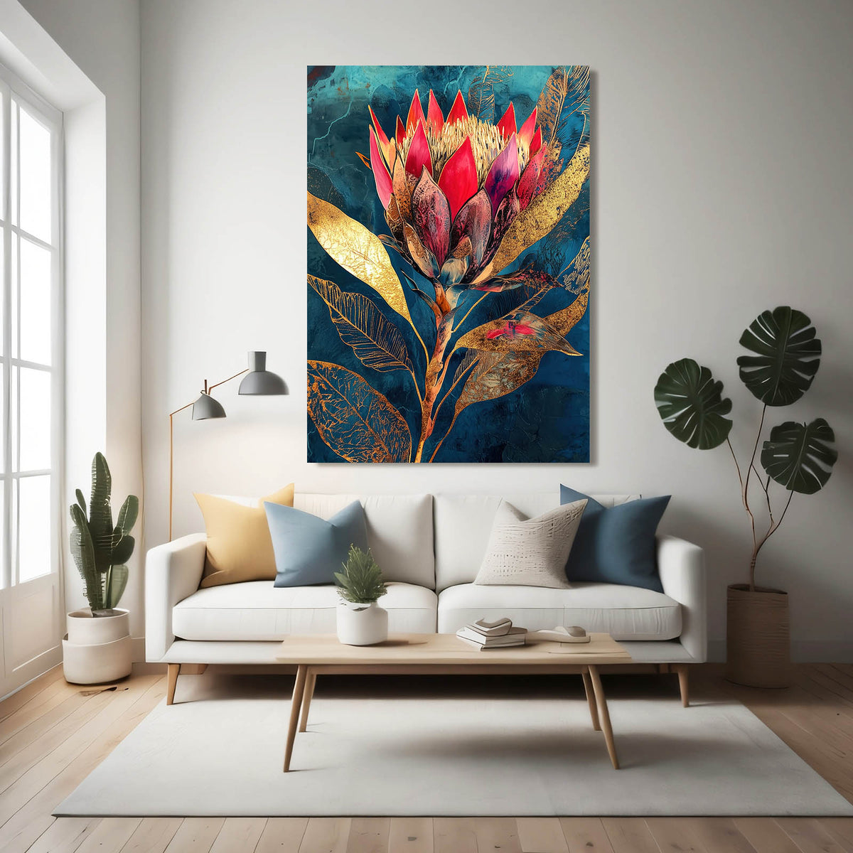 Crimson Protea Gold Flower Canvas Art — contemporary canvas print, styled in a furnished interior