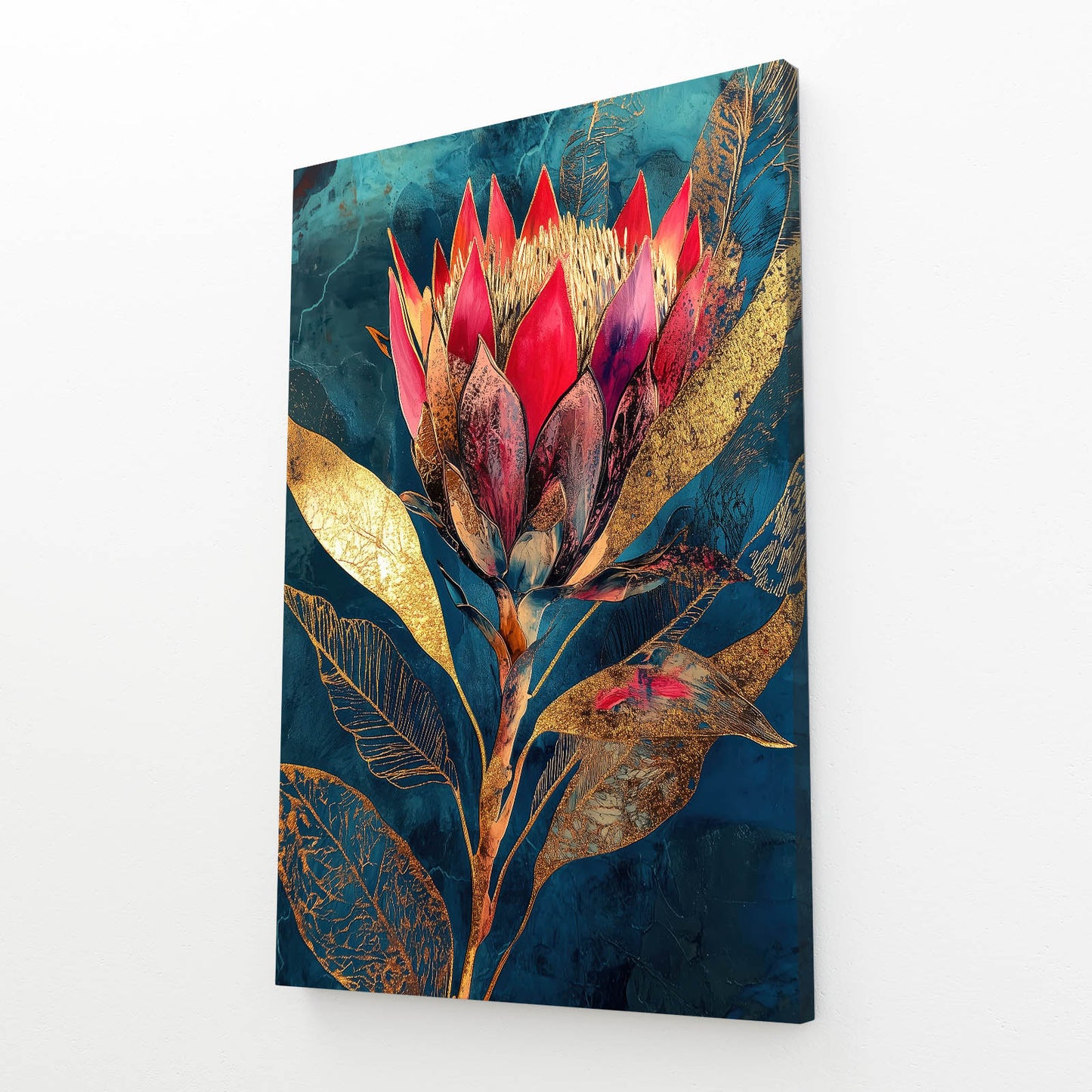 Crimson Protea Gold Flower Canvas Art — contemporary canvas print, angled canvas view on white background