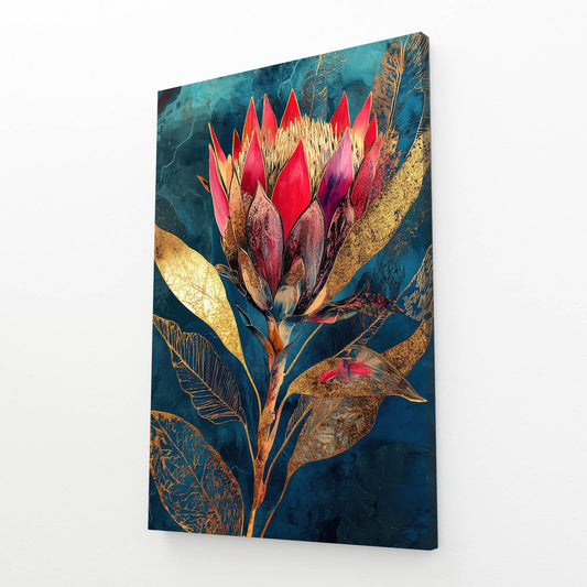 Crimson Protea Gold Flower Canvas Art — contemporary canvas print, angled canvas view on white background