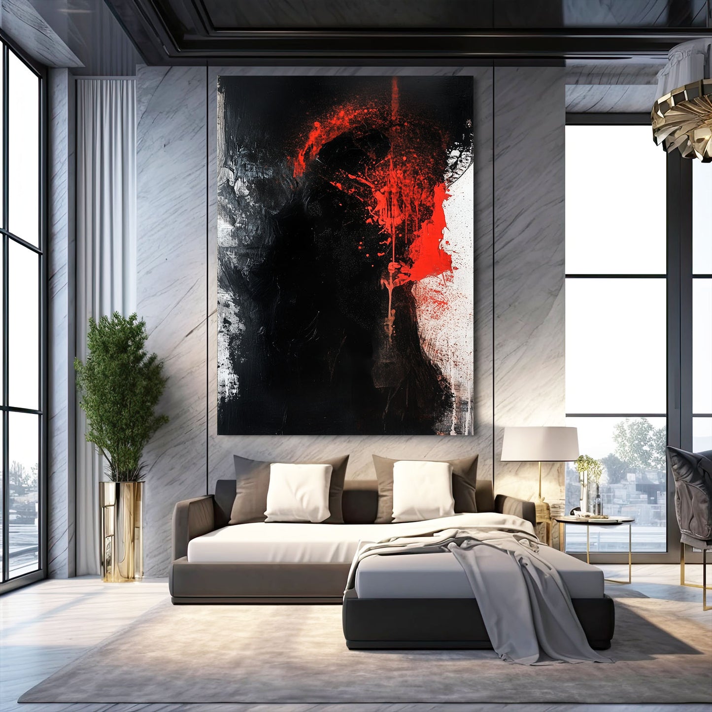 Crimson Slash Void Abstract Art – styled in a furnished interior