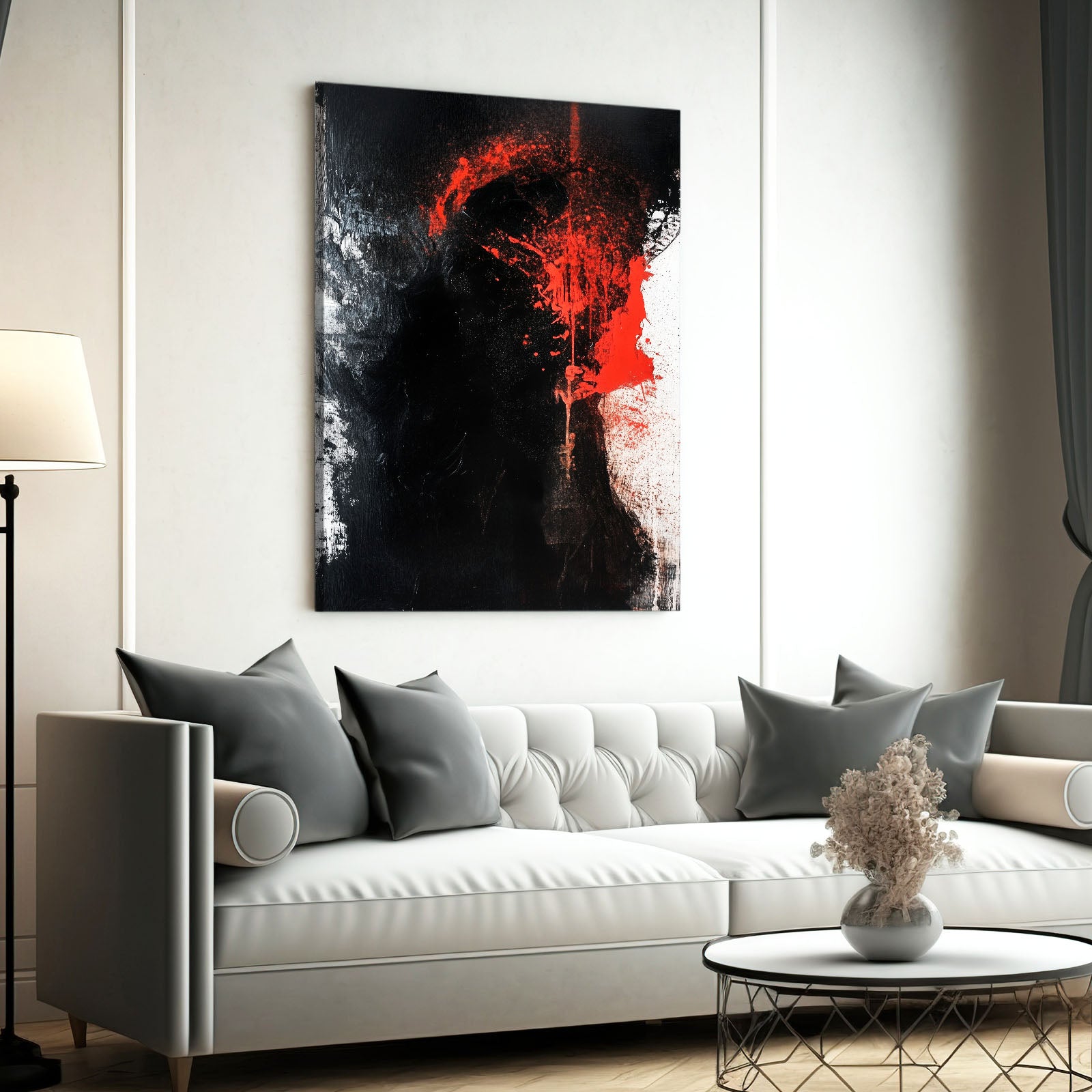Crimson Slash Void Abstract Art – styled in a furnished interior
