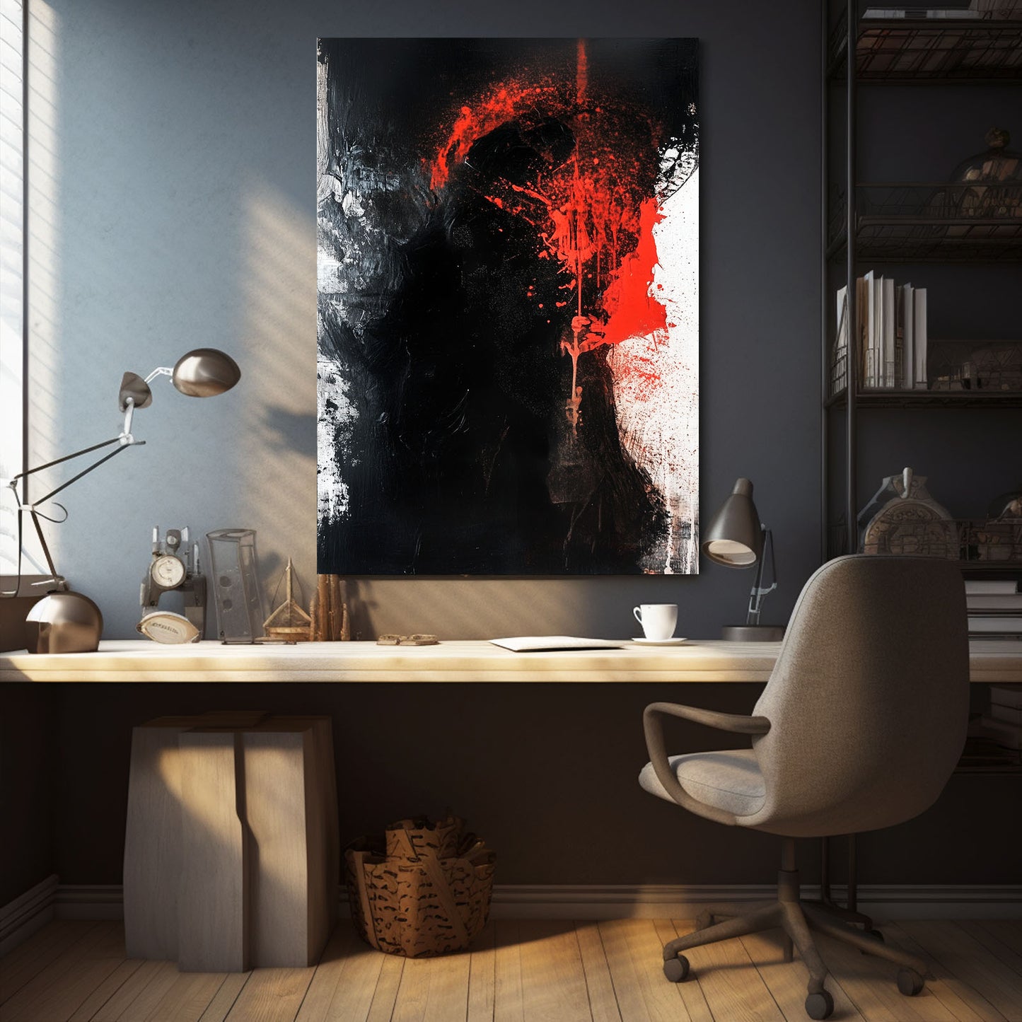 Crimson Slash Void Abstract Art – styled in a furnished interior