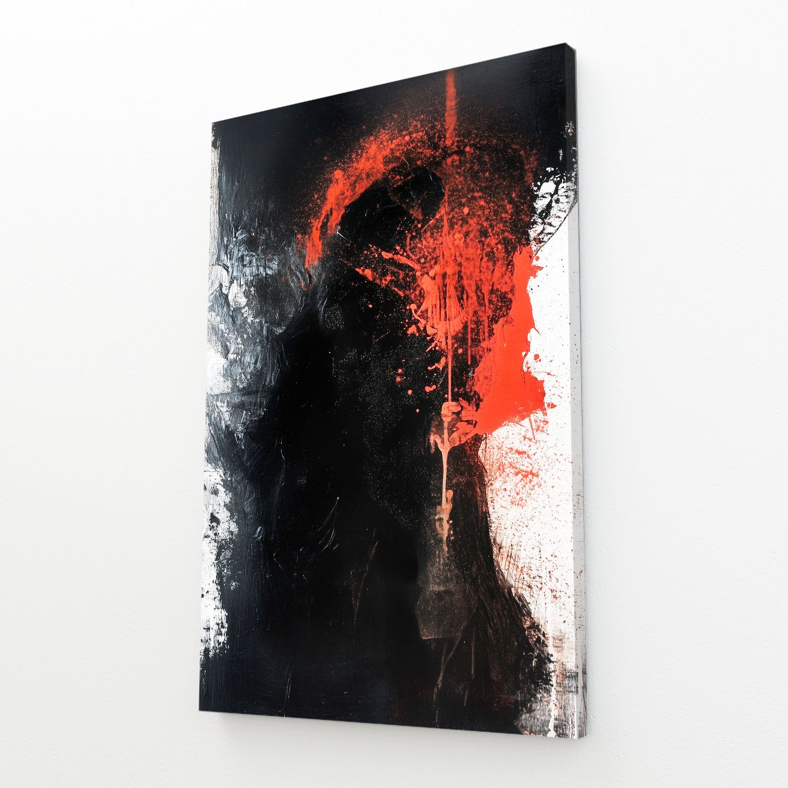 Crimson Slash Void Abstract Art – angled canvas view on white background