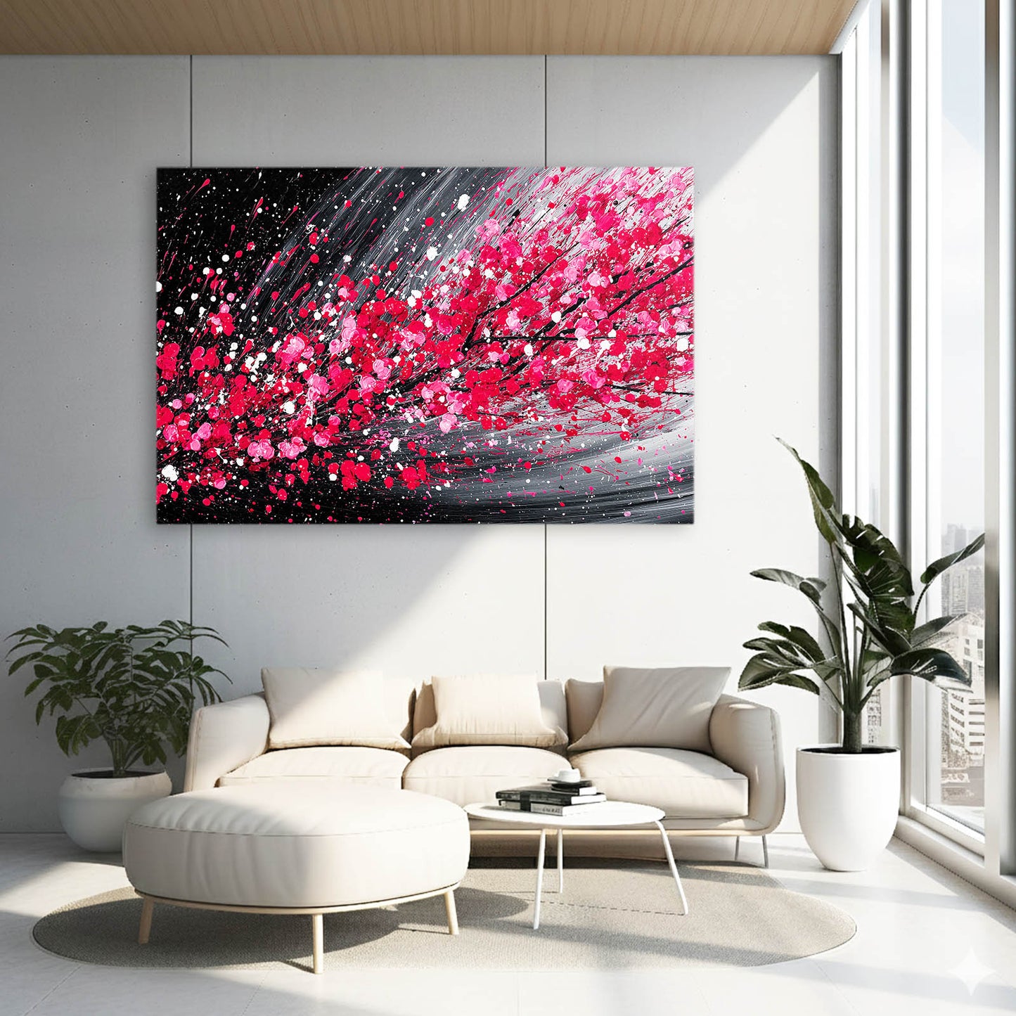 Crimson Streak Cherry Blossom Canvas – styled in a furnished interior