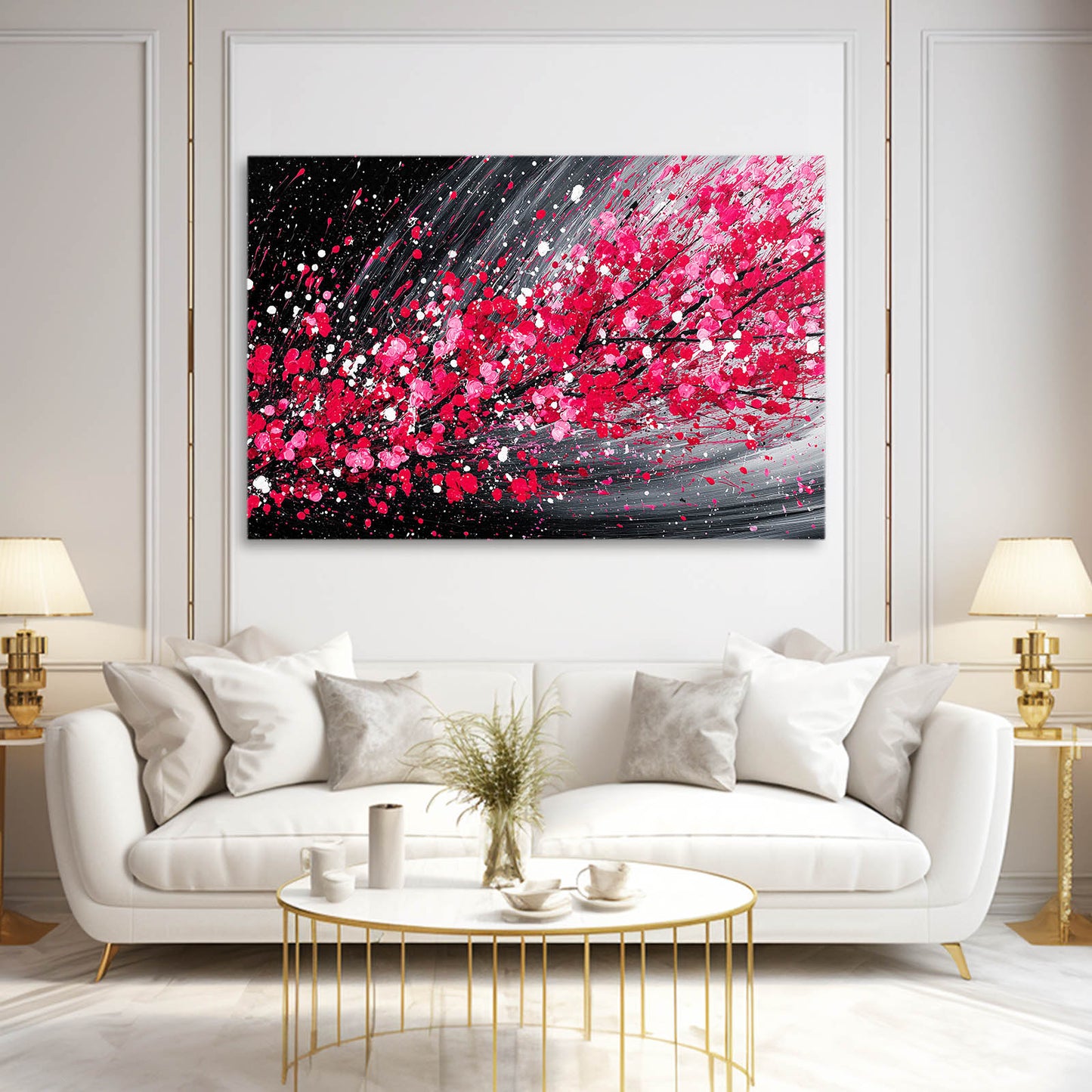 Crimson Streak Cherry Blossom Canvas – styled in a furnished interior