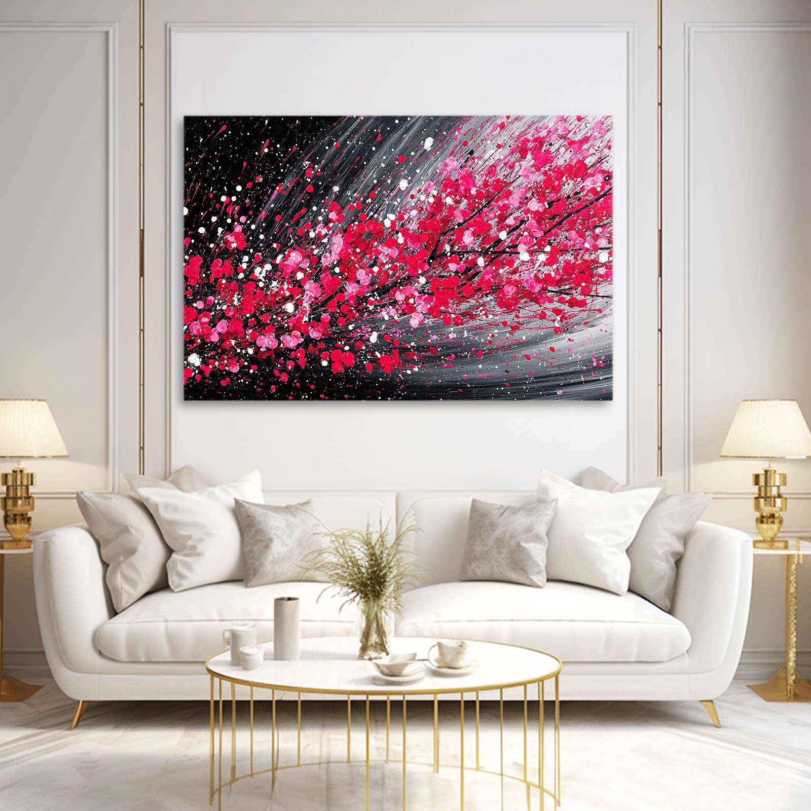 Crimson Streak Cherry Blossom Canvas – styled in a furnished interior
