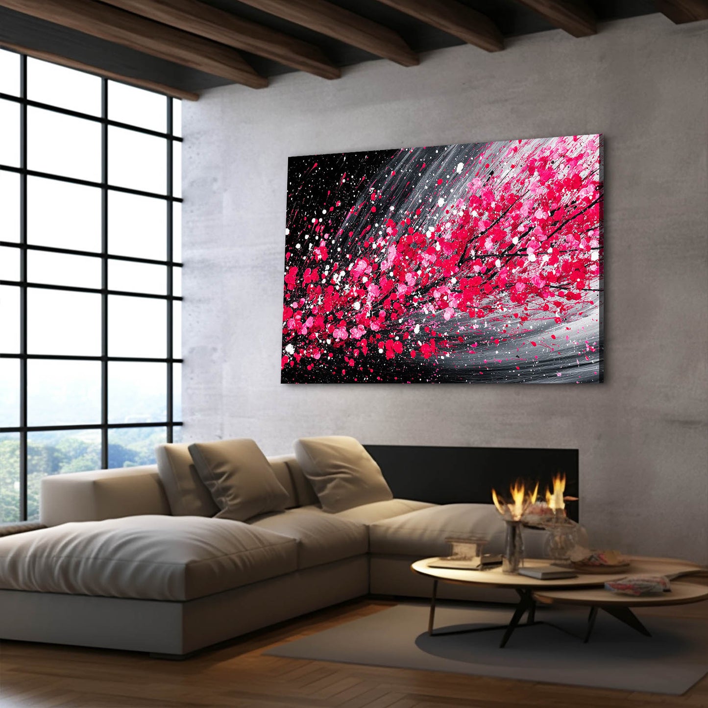 Crimson Streak Cherry Blossom Canvas – styled in a furnished interior
