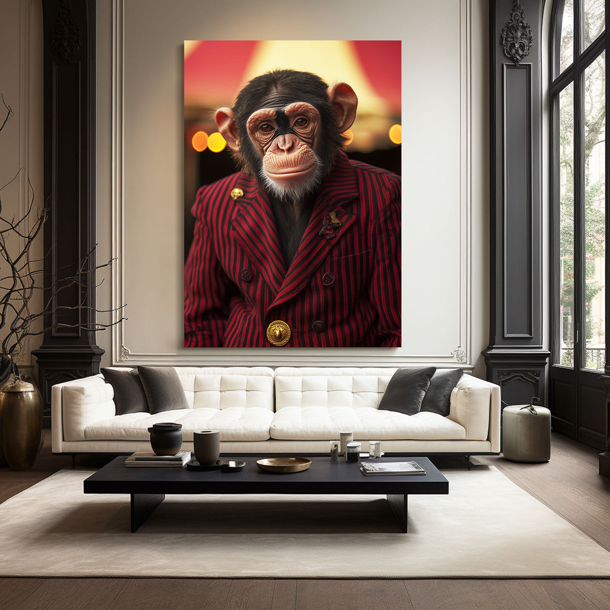 Crimson Suit Ringmaster Monkey Wall Art — contemporary canvas print, styled in a furnished interior