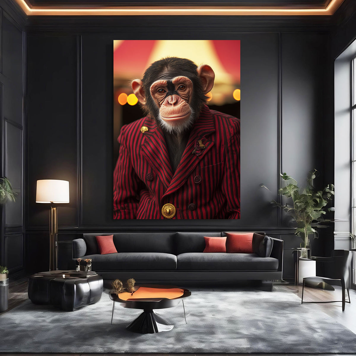 Crimson Suit Ringmaster Monkey Wall Art — contemporary canvas print, styled in a furnished interior