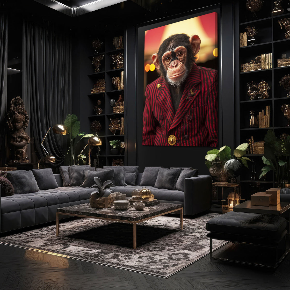 Crimson Suit Ringmaster Monkey Wall Art — contemporary canvas print, styled in a furnished interior