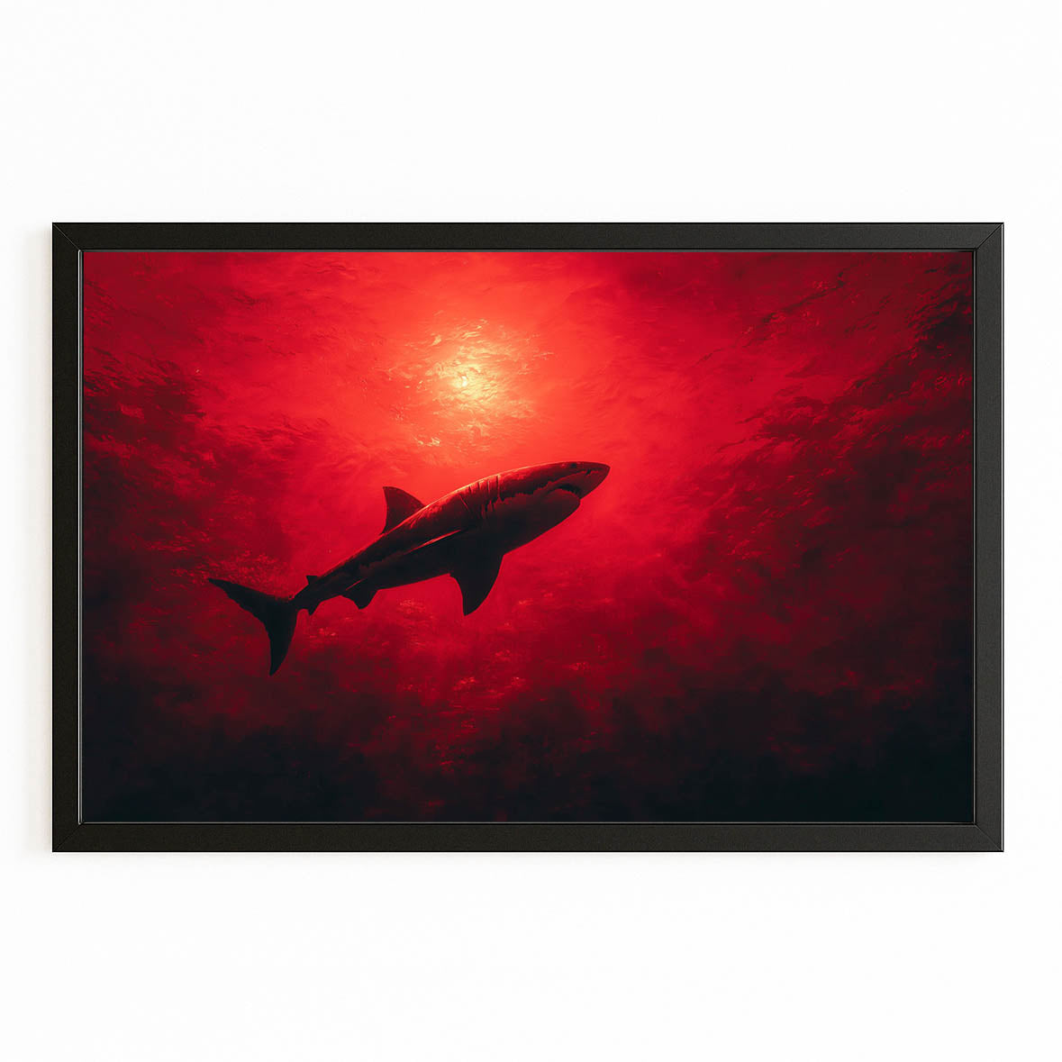 Crimson Sun Shark Canvas – with Premium Black frame on white background