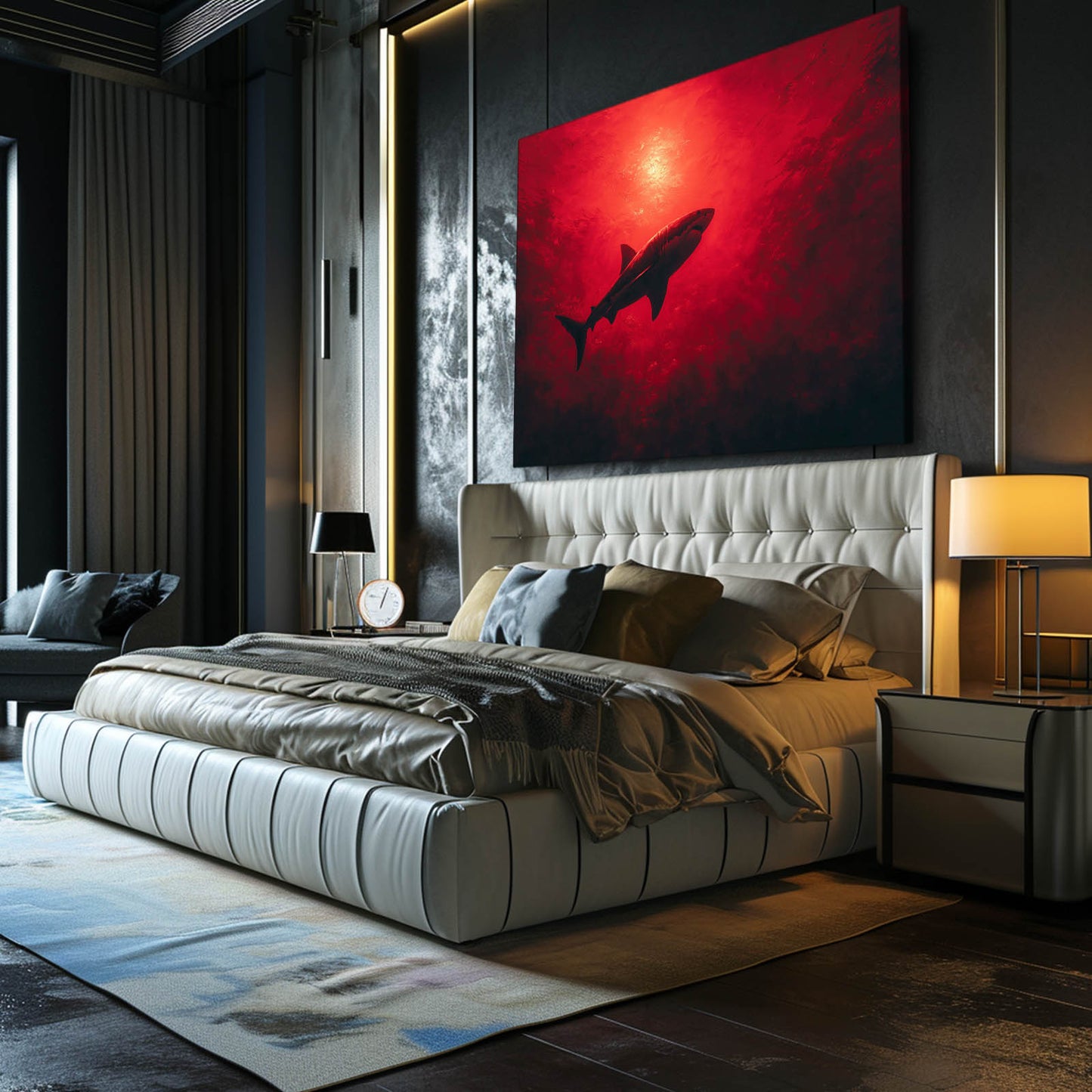 Crimson Sun Shark Canvas – styled in a furnished interior