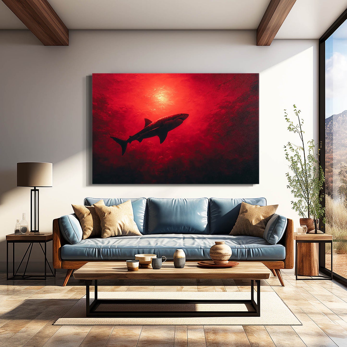 Crimson Sun Shark Canvas – styled in a furnished interior