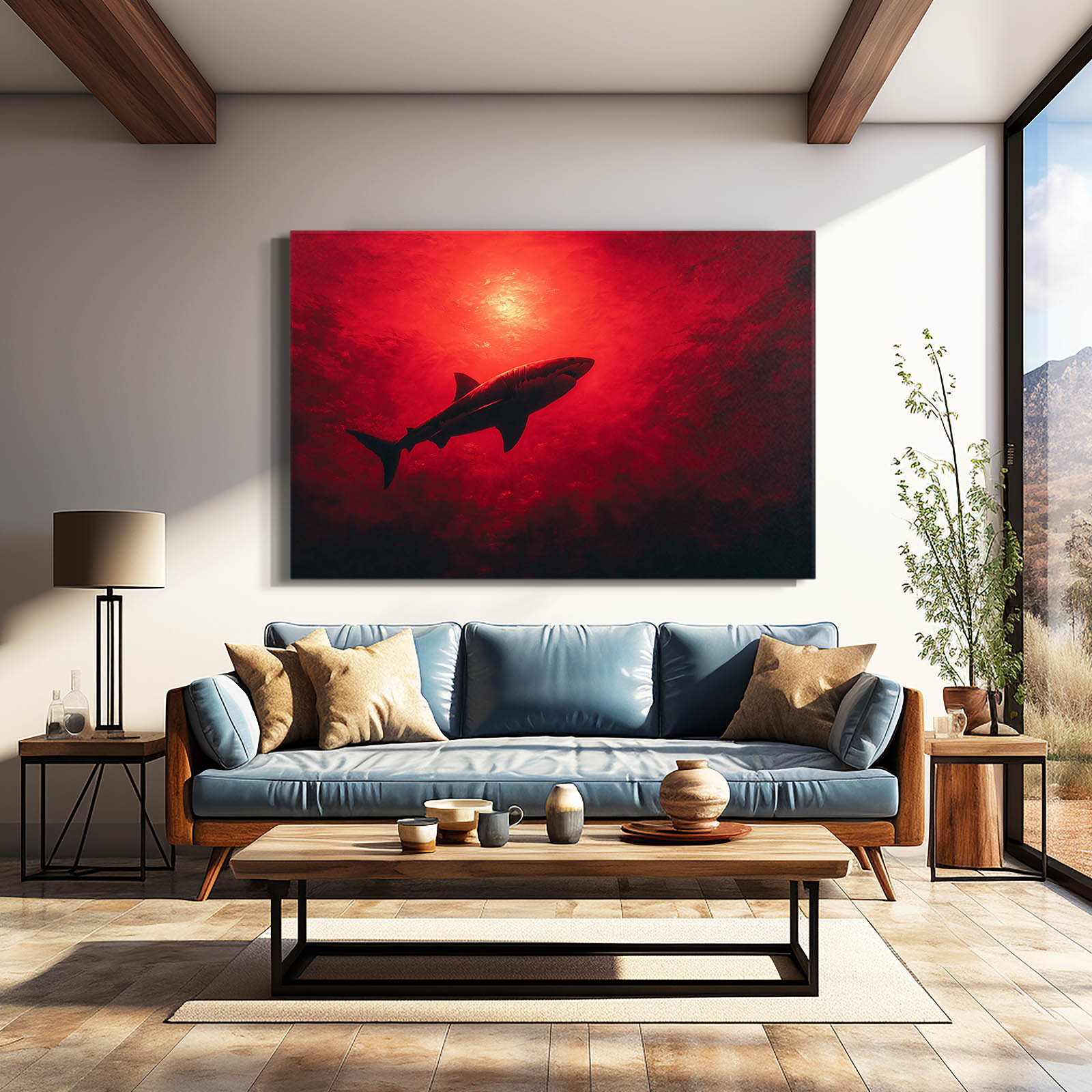 Crimson Sun Shark Canvas – styled in a furnished interior