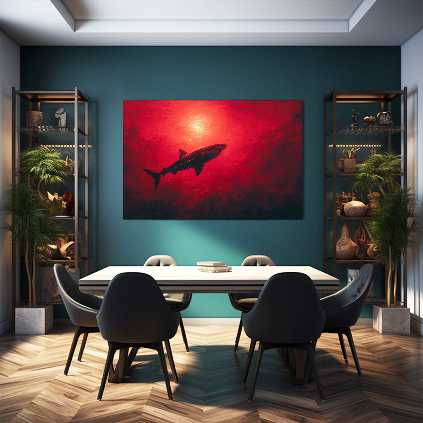 Crimson Sun Shark Canvas – styled in a furnished interior
