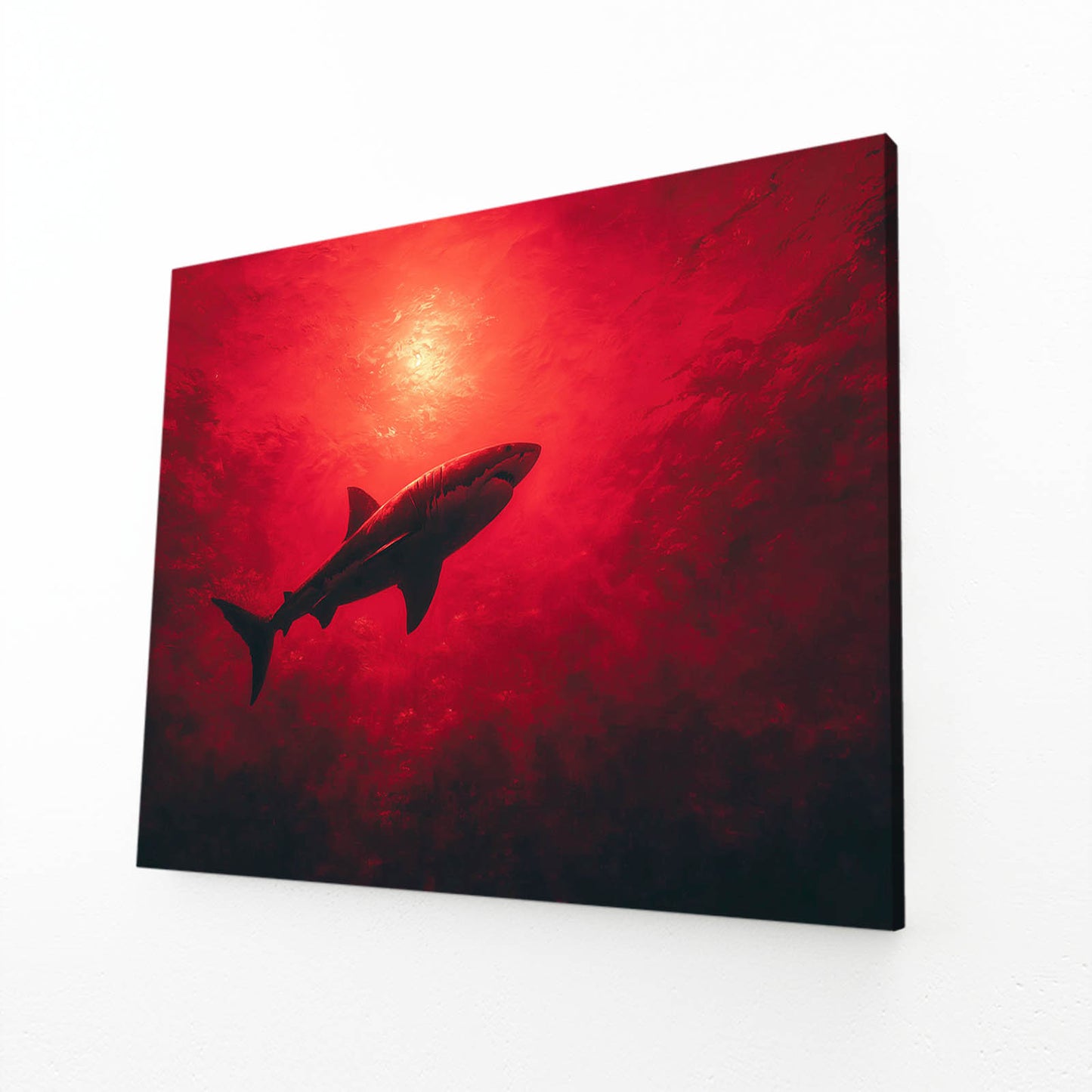 Crimson Sun Shark Canvas – angled canvas view on white background