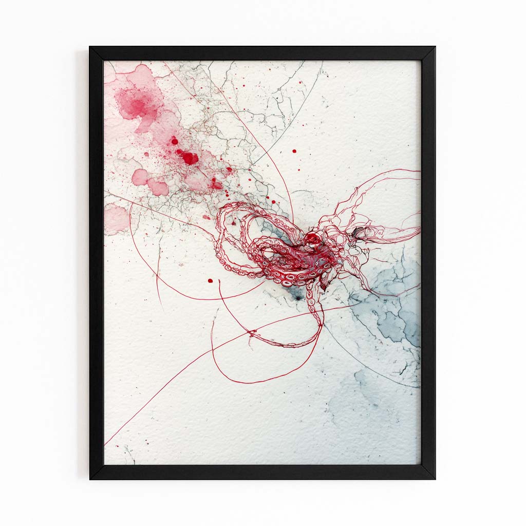 Crimson Thread Wisp Octopus Canvas Art – with Premium Black frame on white background