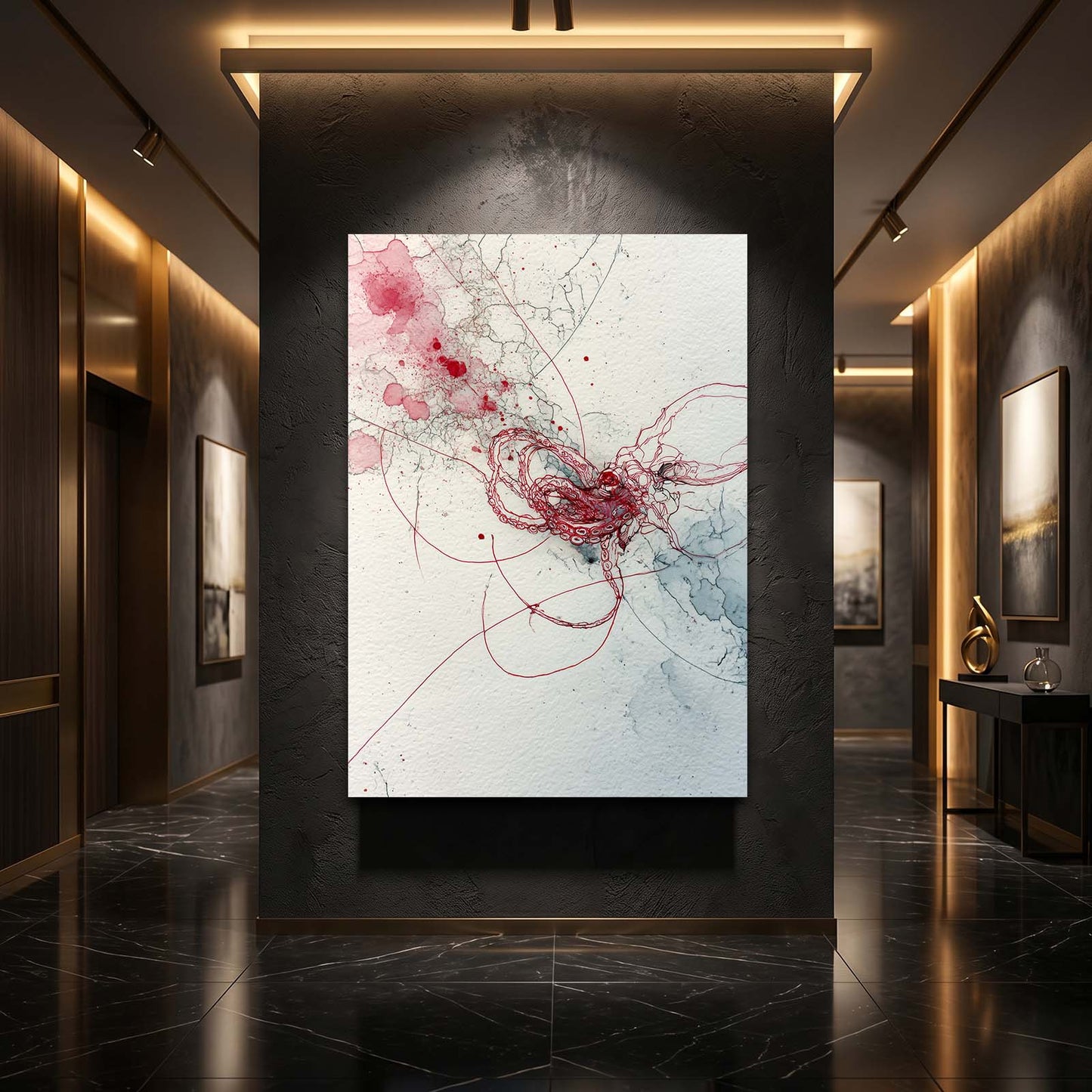 Crimson Thread Wisp Octopus Canvas Art – styled in a furnished interior