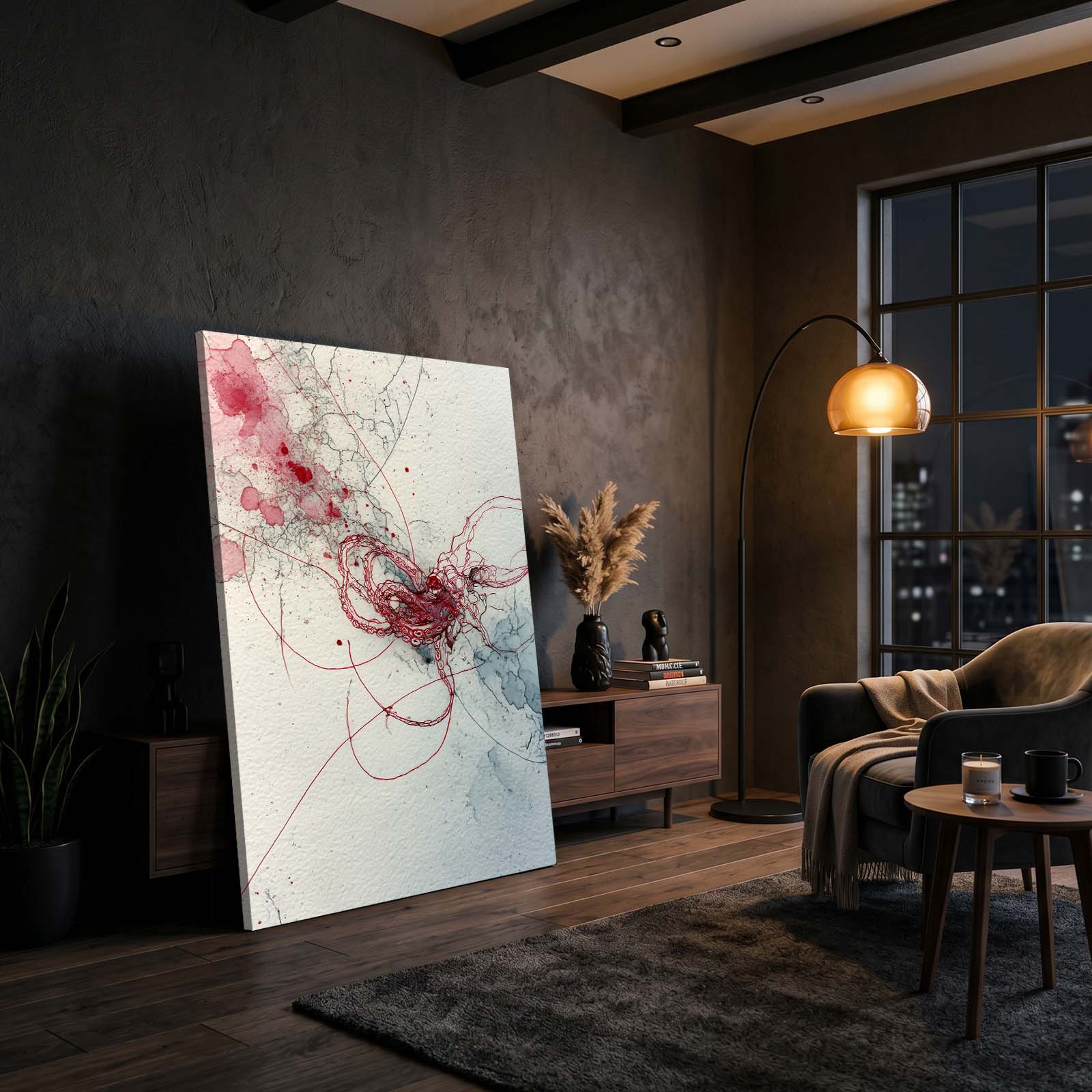 Crimson Thread Wisp Octopus Canvas Art – styled in a furnished interior