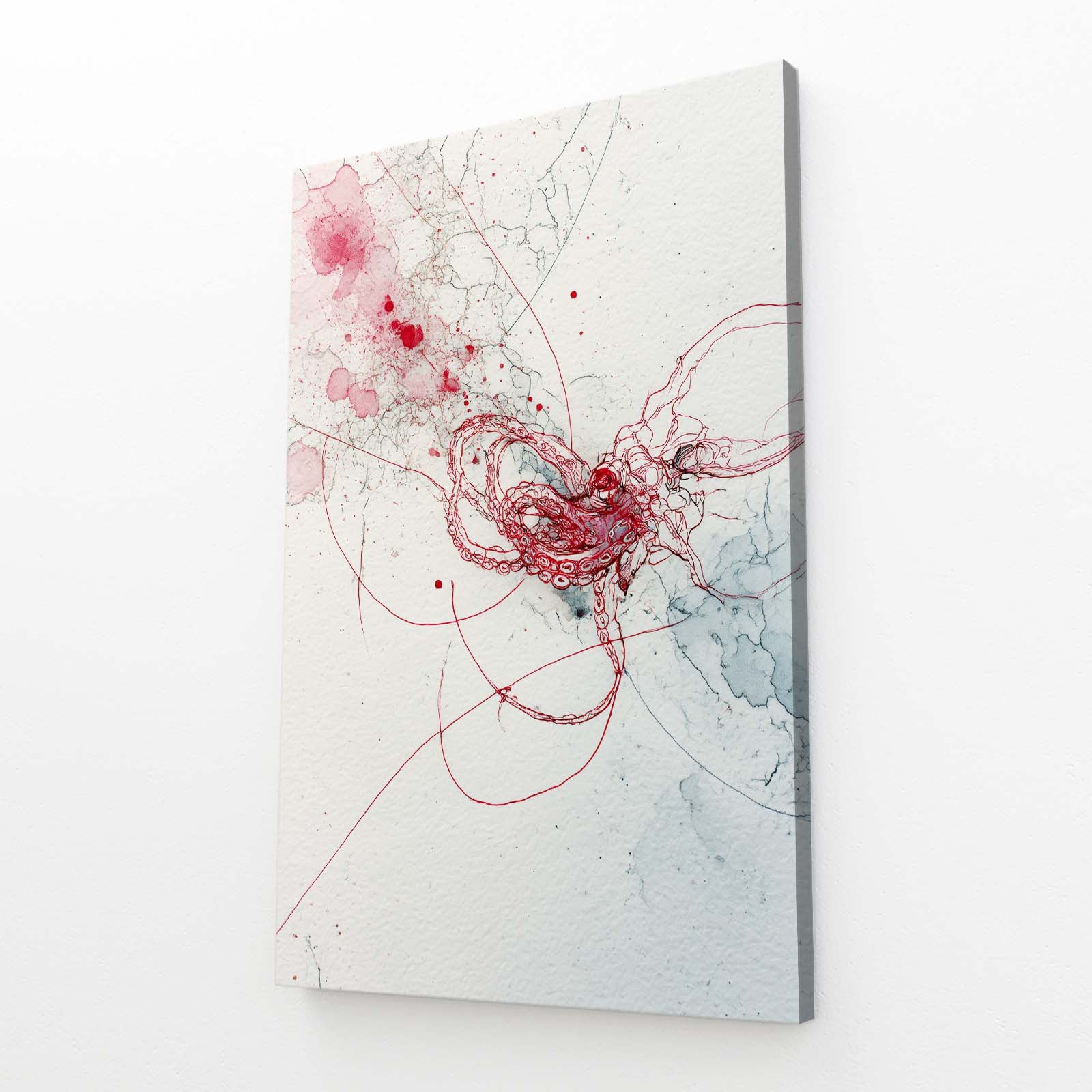 Crimson Thread Wisp Octopus Canvas Art – angled canvas view on white background