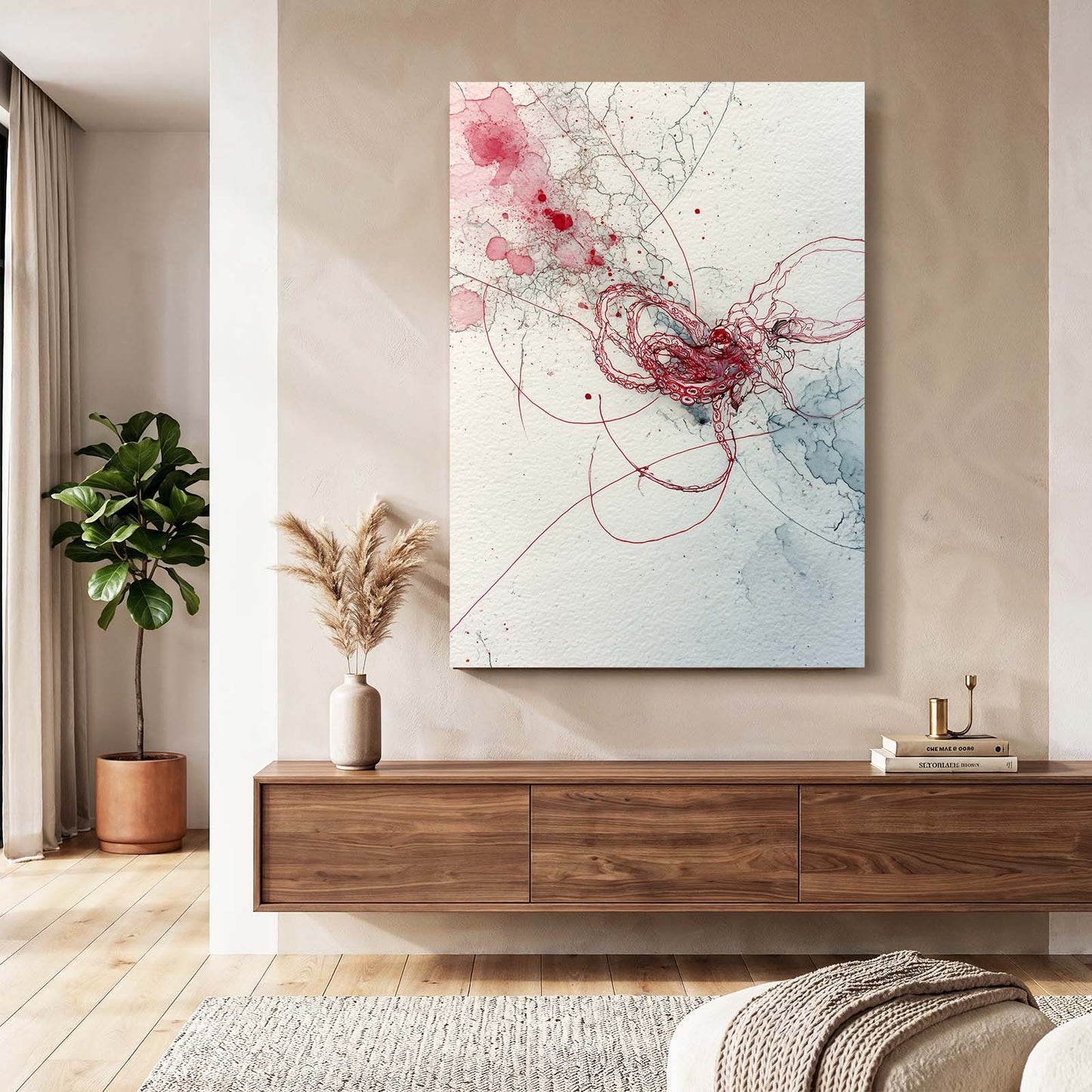 Crimson Thread Wisp Octopus Canvas Art – styled in a furnished interior