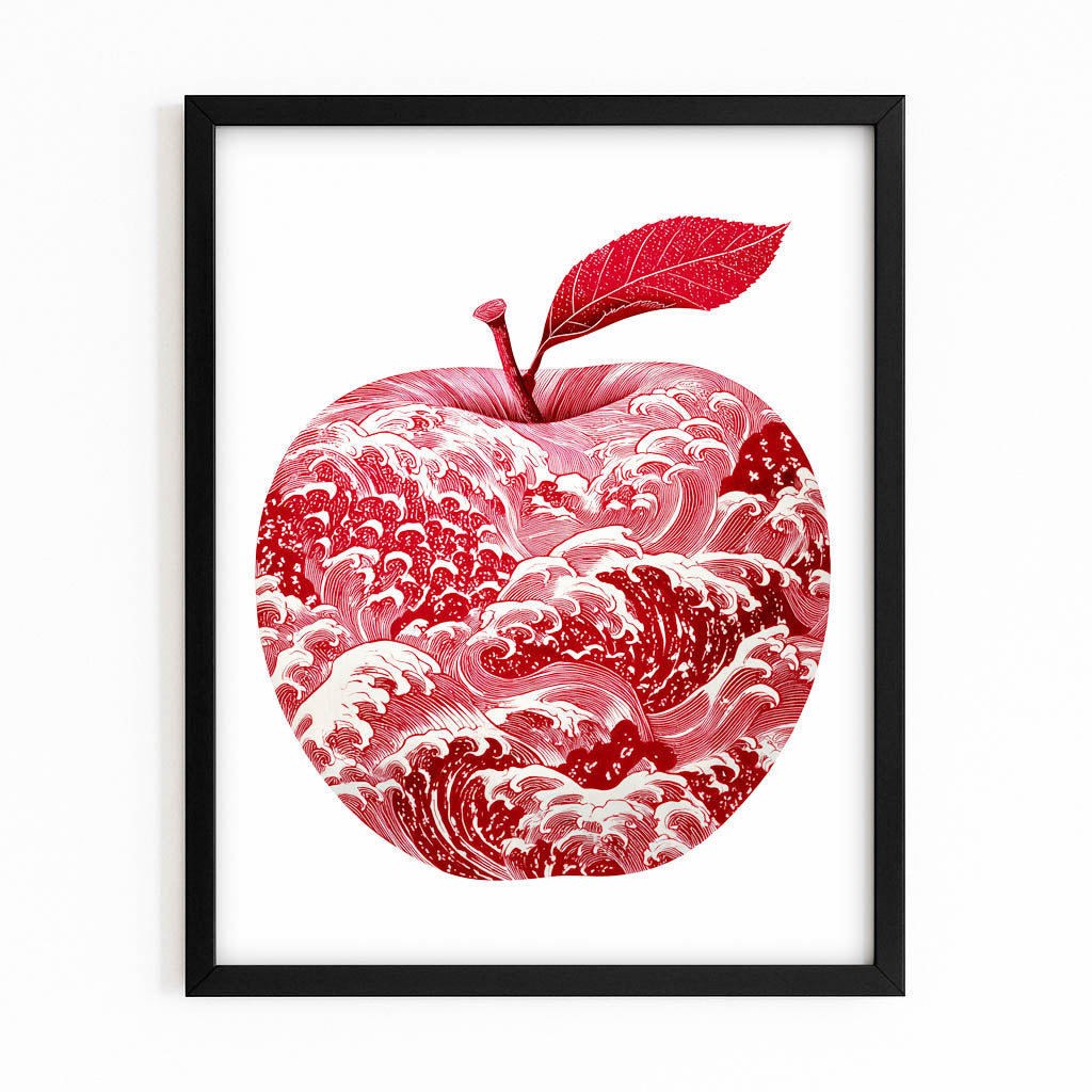 Crimson Wave Pattern Apple Wall Art – with Premium Black frame on white background