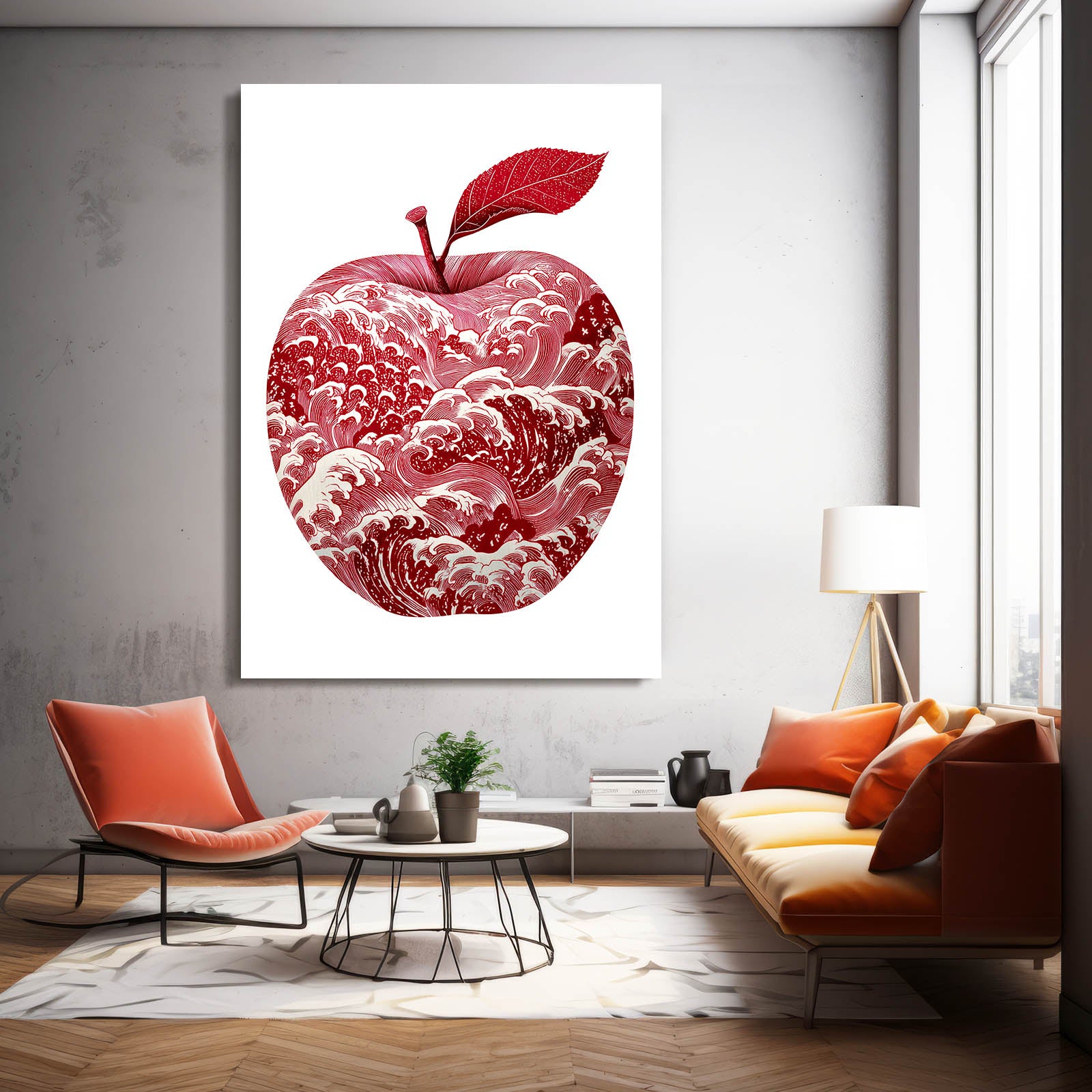 Crimson Wave Pattern Apple Wall Art – styled in a furnished interior