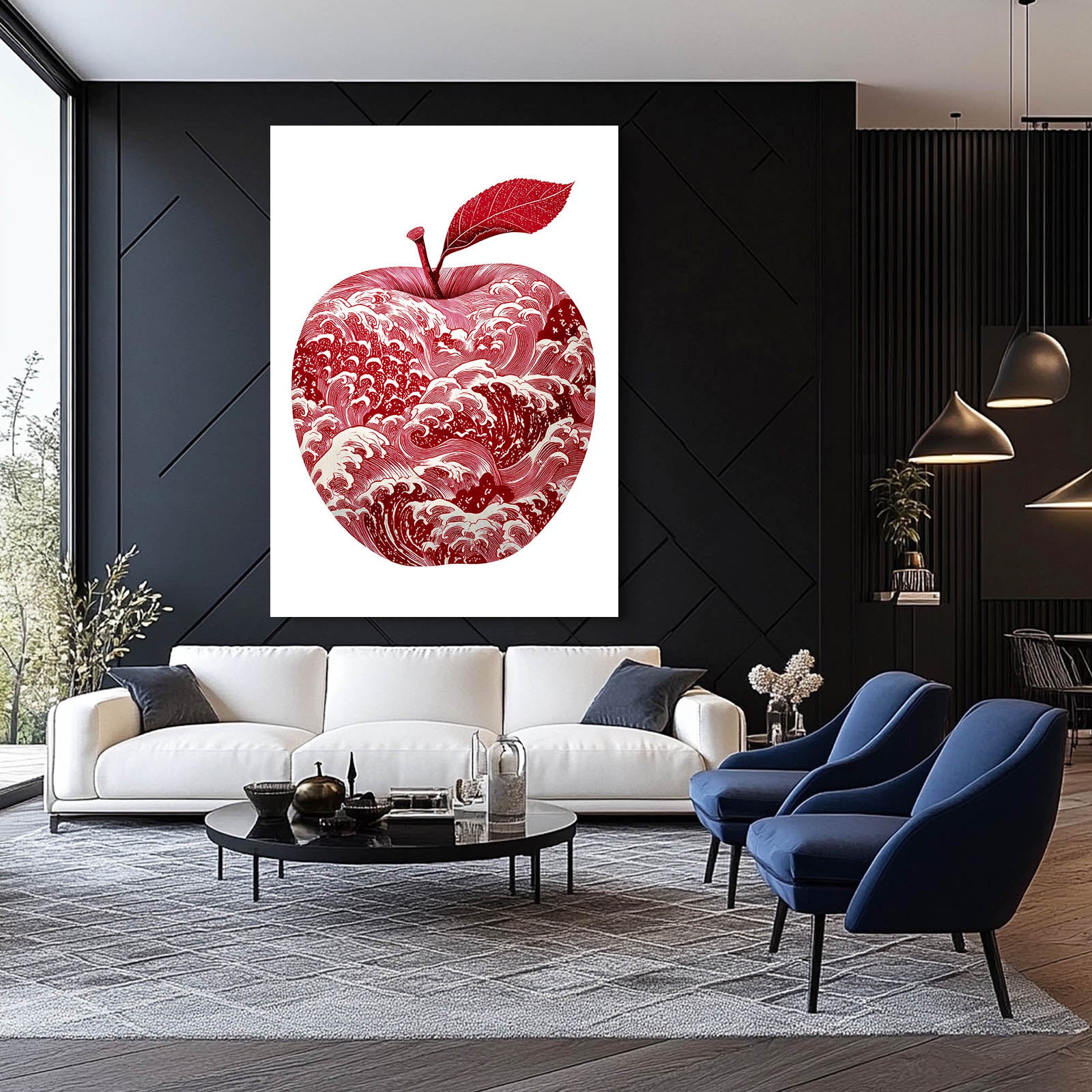 Crimson Wave Pattern Apple Wall Art – styled in a furnished interior