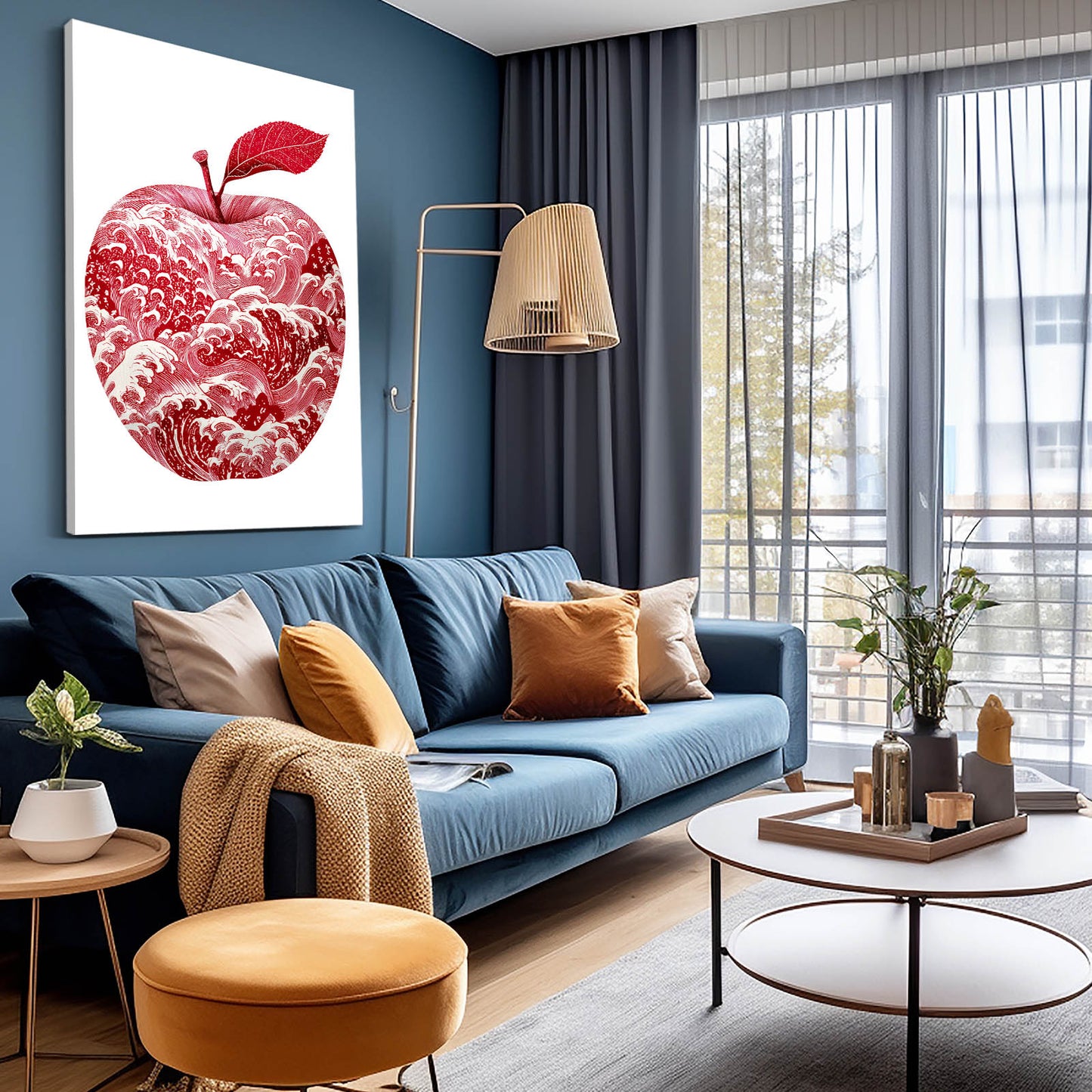 Crimson Wave Pattern Apple Wall Art – styled in a furnished interior
