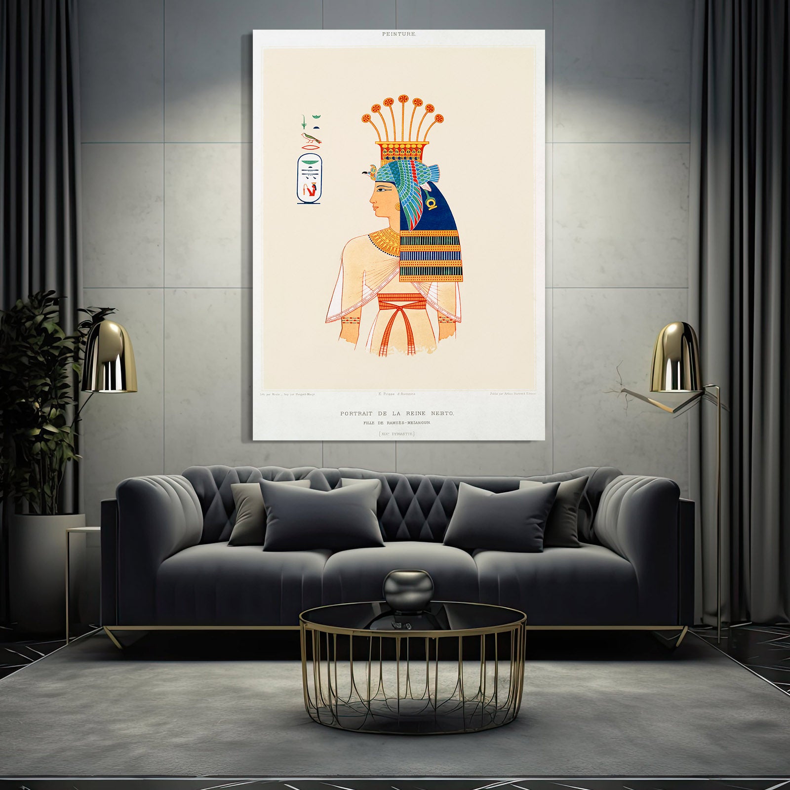 Crowned Figure Sketch Egyptian Canvas – styled in a furnished interior