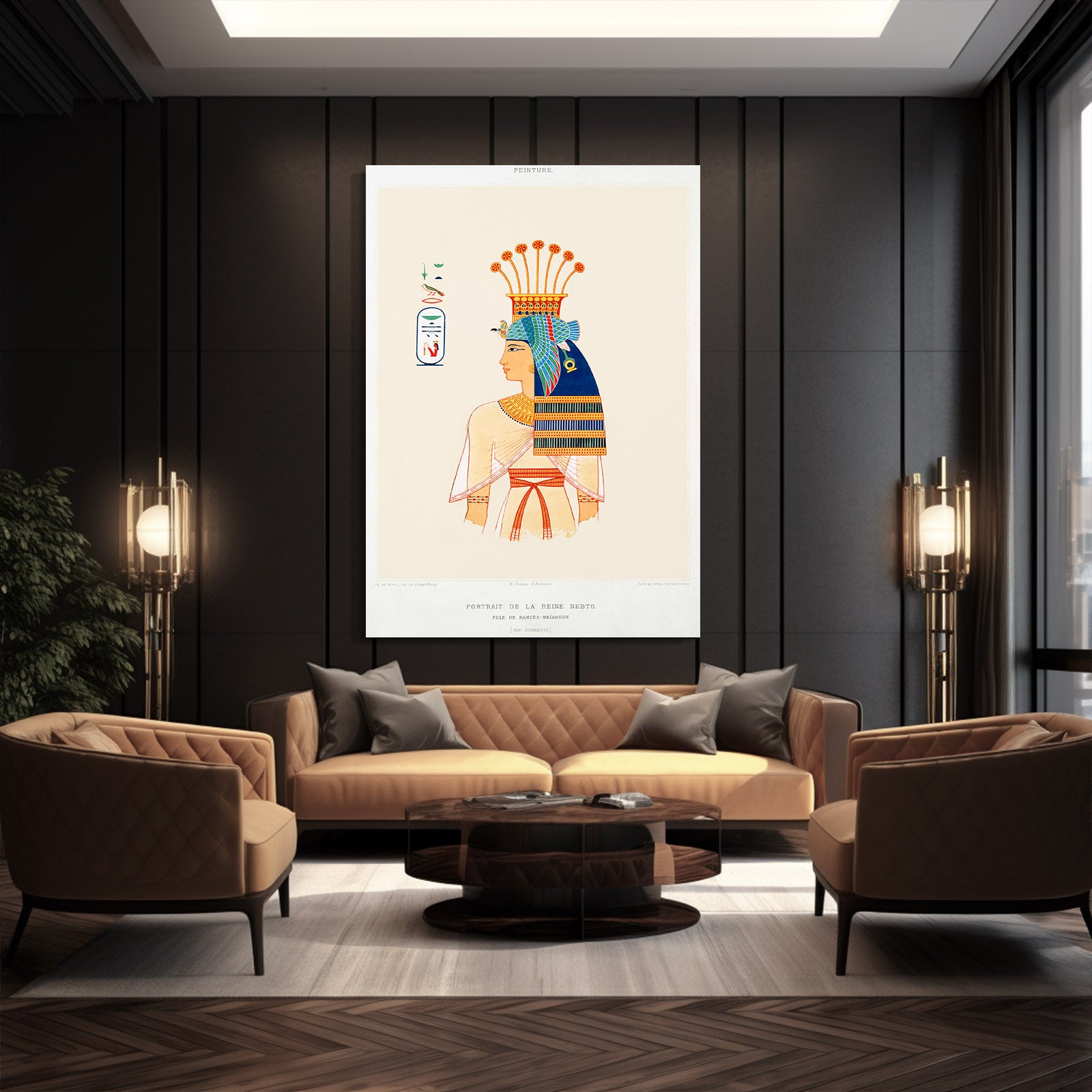 Crowned Figure Sketch Egyptian Canvas – styled in a furnished interior