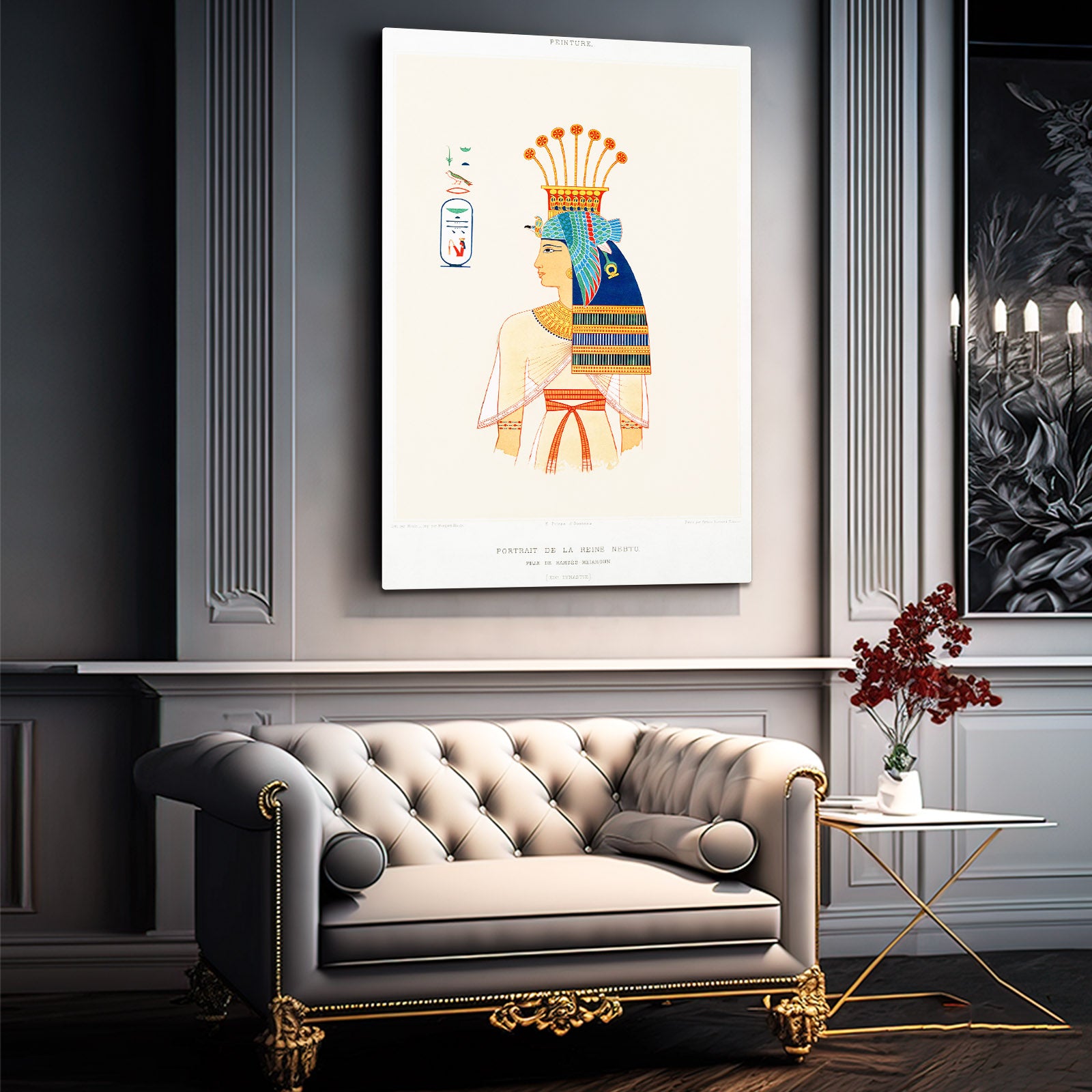 Crowned Figure Sketch Egyptian Canvas – styled in a furnished interior