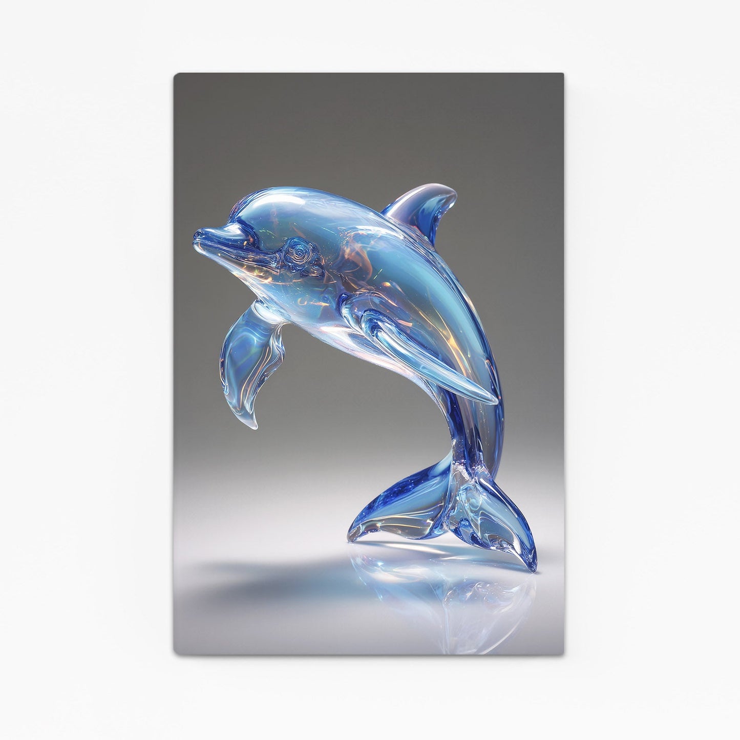 Crystal Glass Dolphin Artwork – translucent blue glass dolphin sculpture leaping in soft studio light