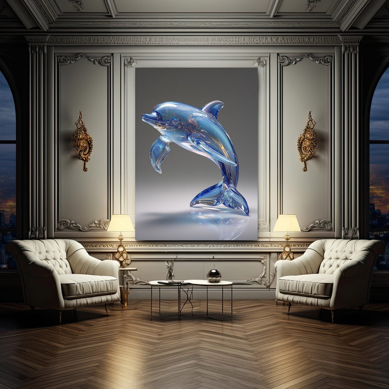 Crystal Glass Dolphin Artwork – styled in a furnished interior