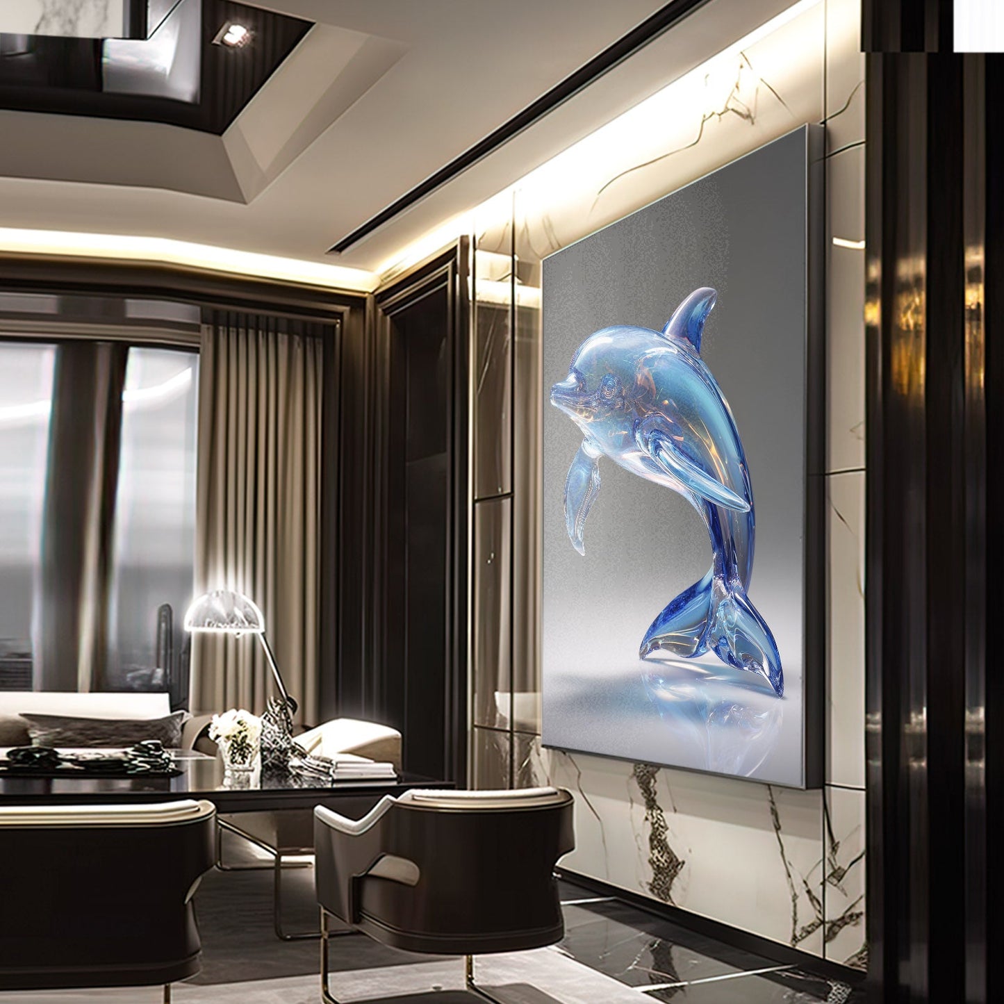 Crystal Glass Dolphin Artwork – styled in a furnished interior