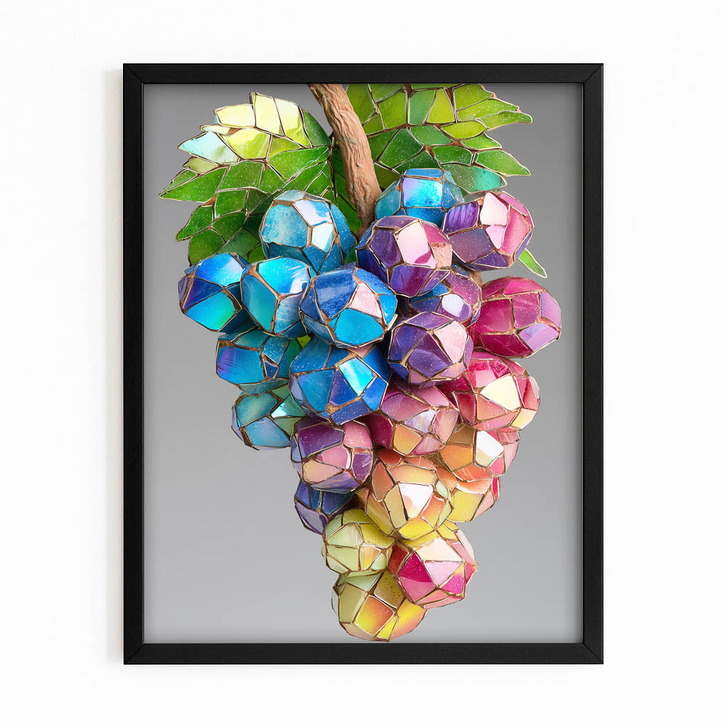 Crystal Grape Cluster Fruit Wall Art – with Premium Black frame on white background