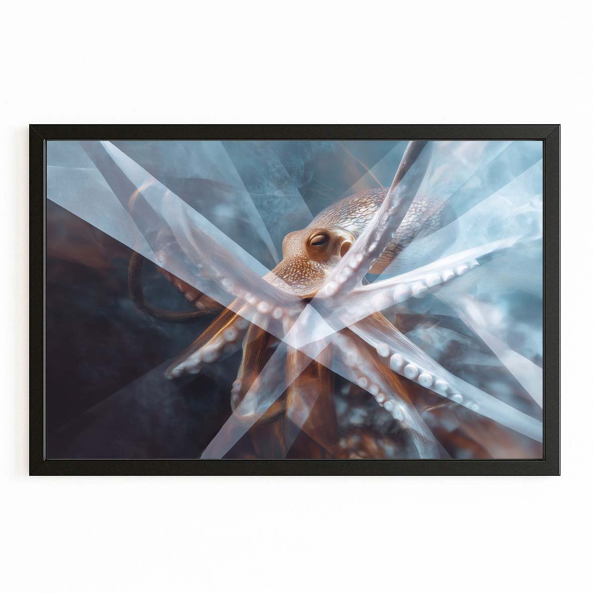 Crystal Shard Blue Octopus Wall Decor – with Premium Black frame on white background