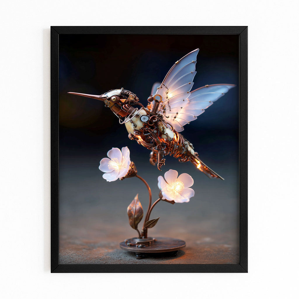 Crystal Wing Hummingbird Steampunk Prints – with Premium Black frame on white background