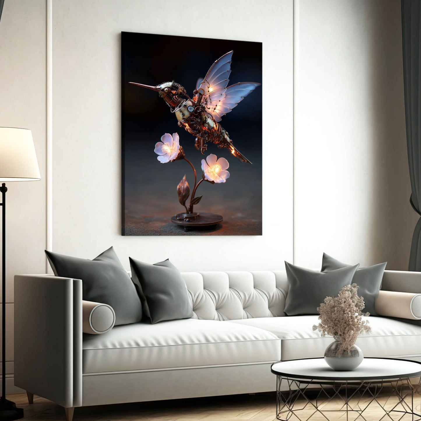 Crystal Wing Hummingbird Steampunk Prints – styled in a furnished interior