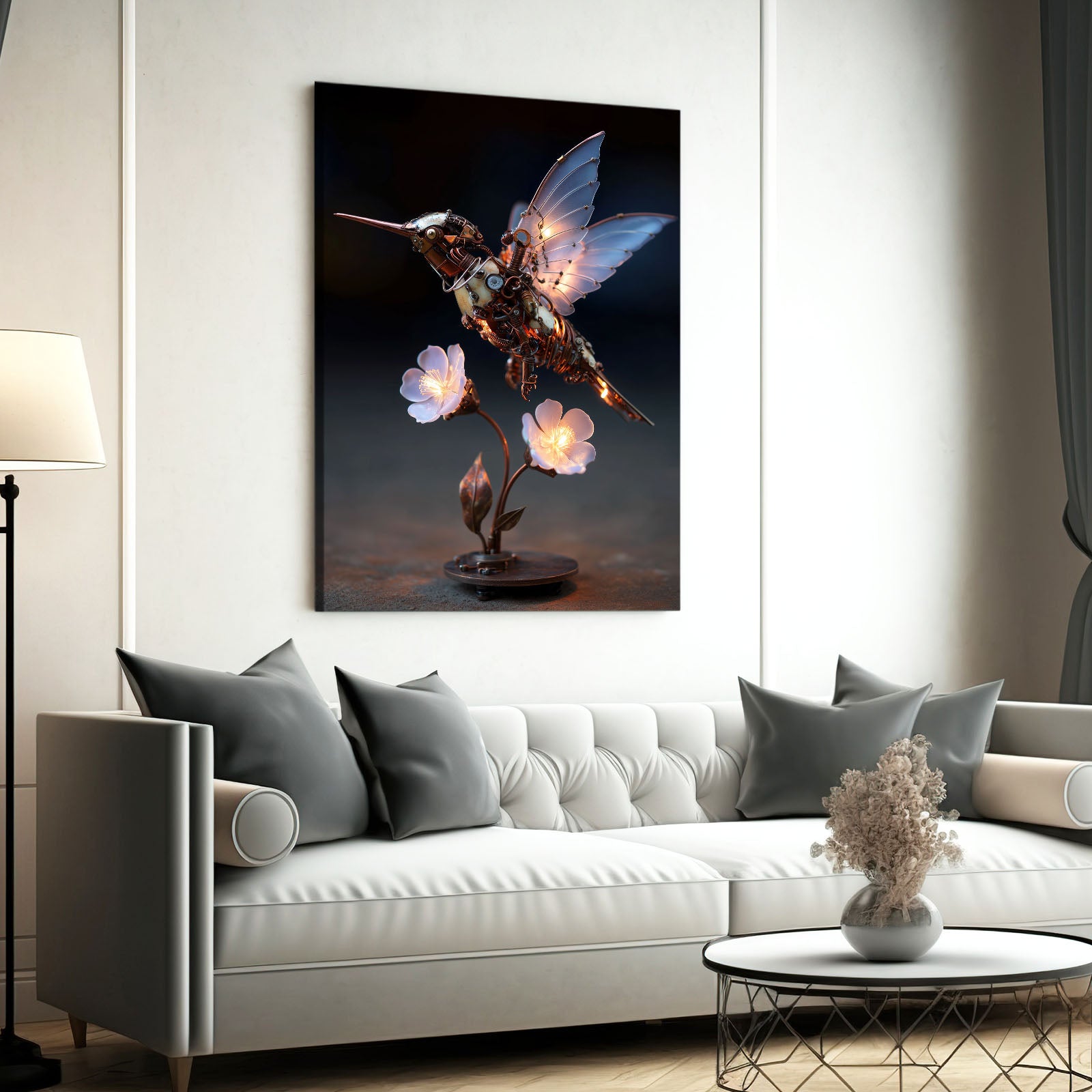 Crystal Wing Hummingbird Steampunk Prints – styled in a furnished interior