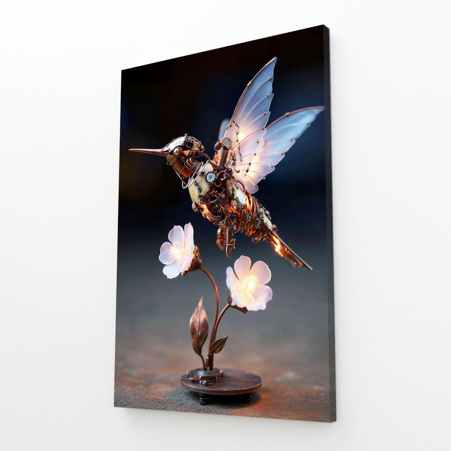 Crystal Wing Hummingbird Steampunk Prints – angled canvas view on white background