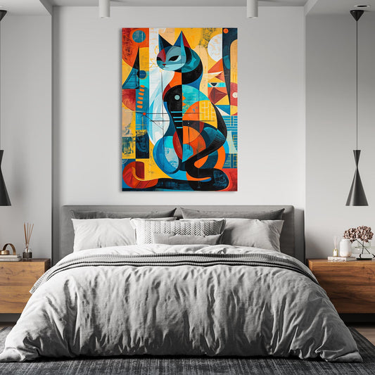 Cubist Cat Wall Art — abstract canvas print in blue tones, view 3